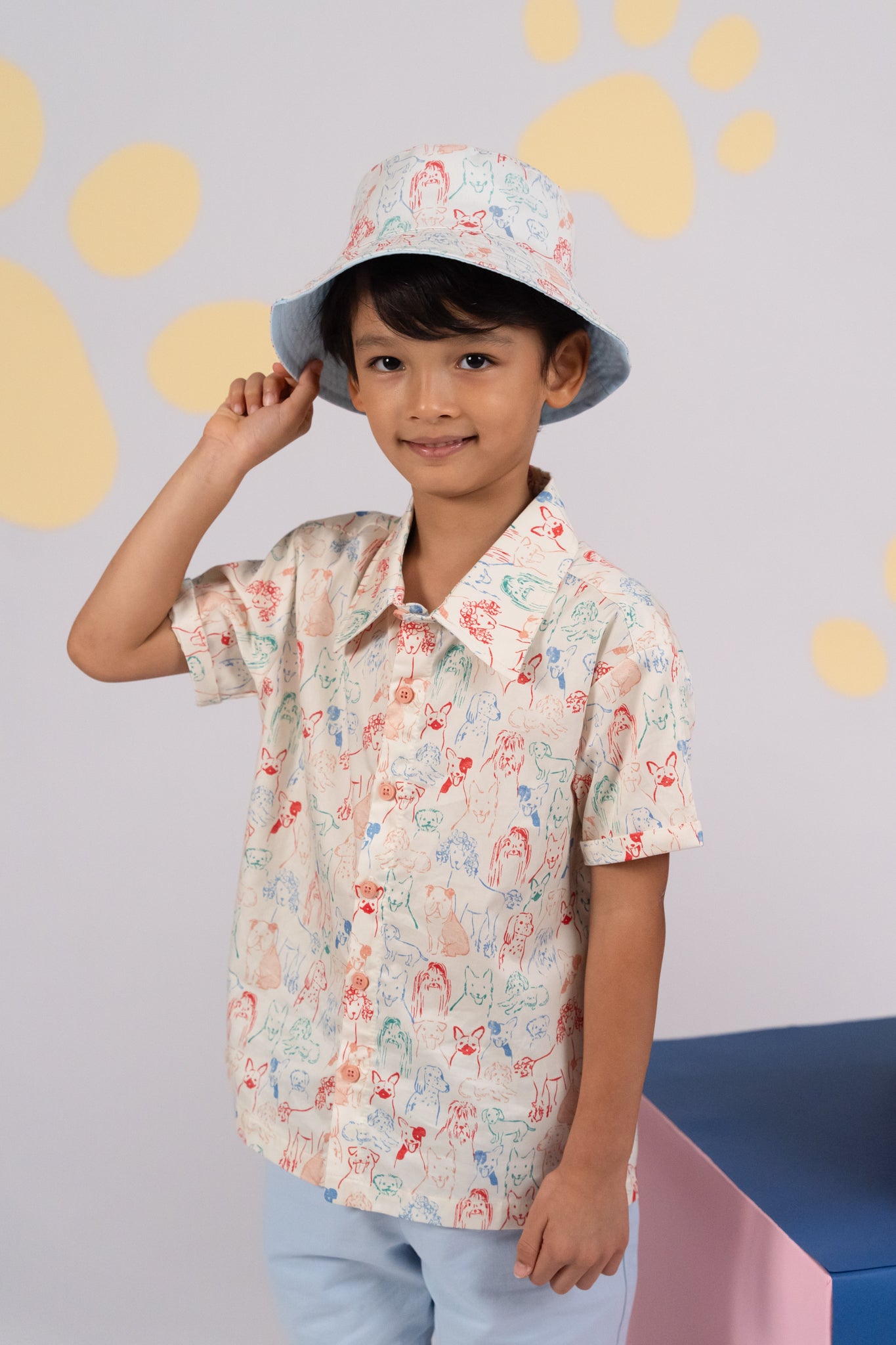 Little Man Shirt - Colourful Puppies & Reversible Bucket Hat - Colourful Puppies 