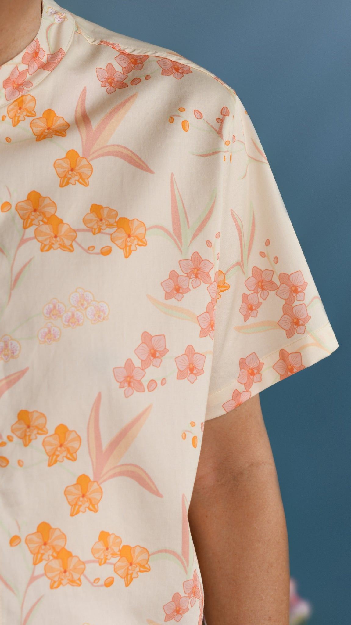 Men's Mandarin-collared Shirt - Cream Orchid Garden