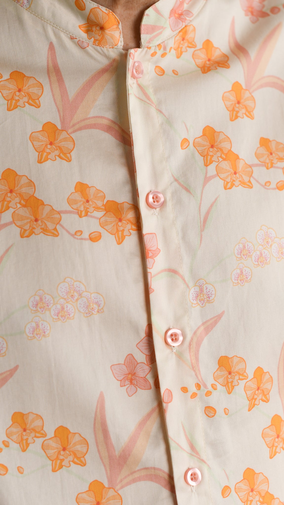 Men's Mandarin-collared Shirt - Cream Orchid Garden