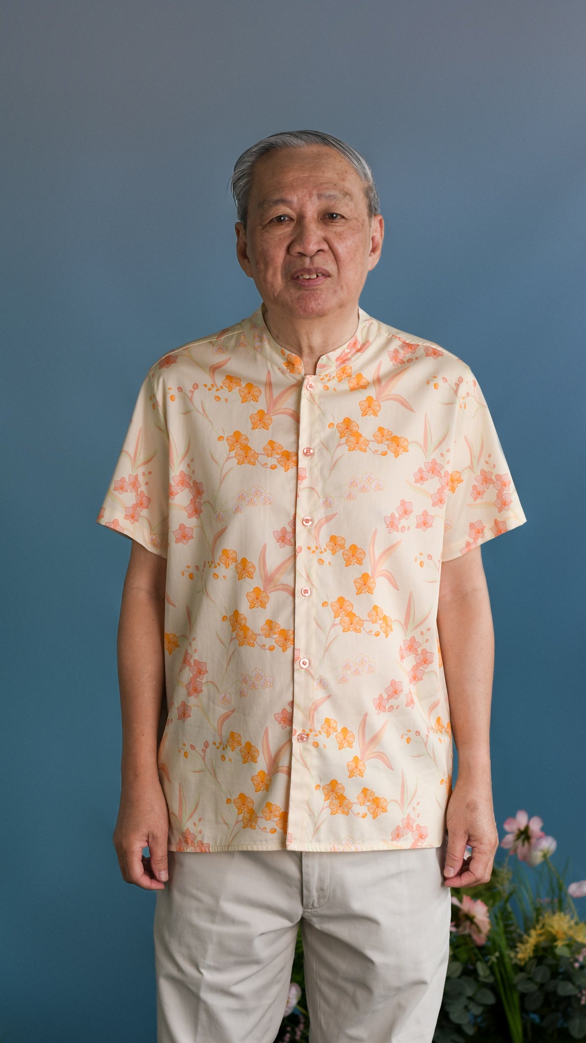 Men's Mandarin-collared Shirt - Cream Orchid Garden