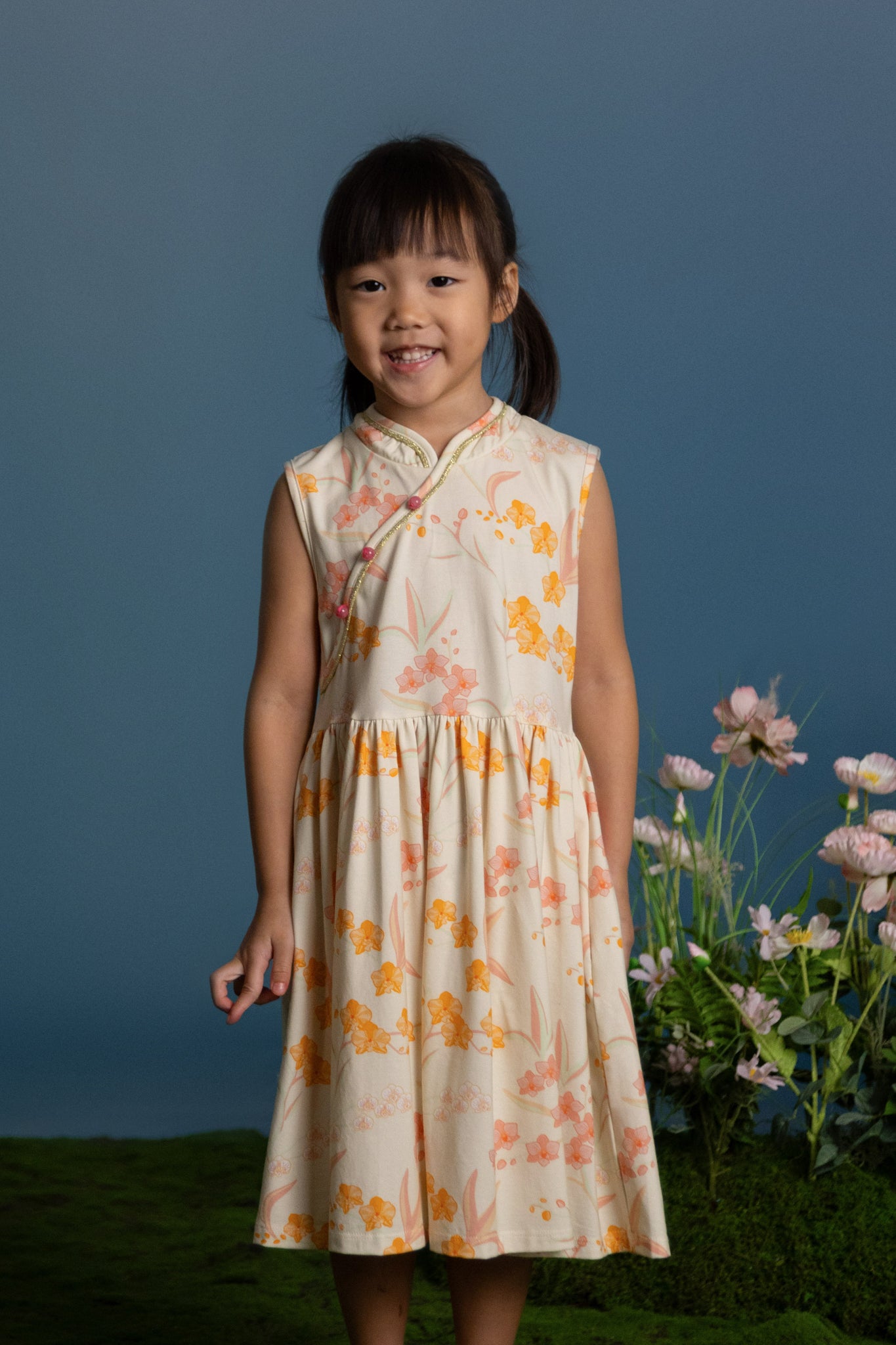 Jersey Luna Cheongsam - Cream Orchid Garden