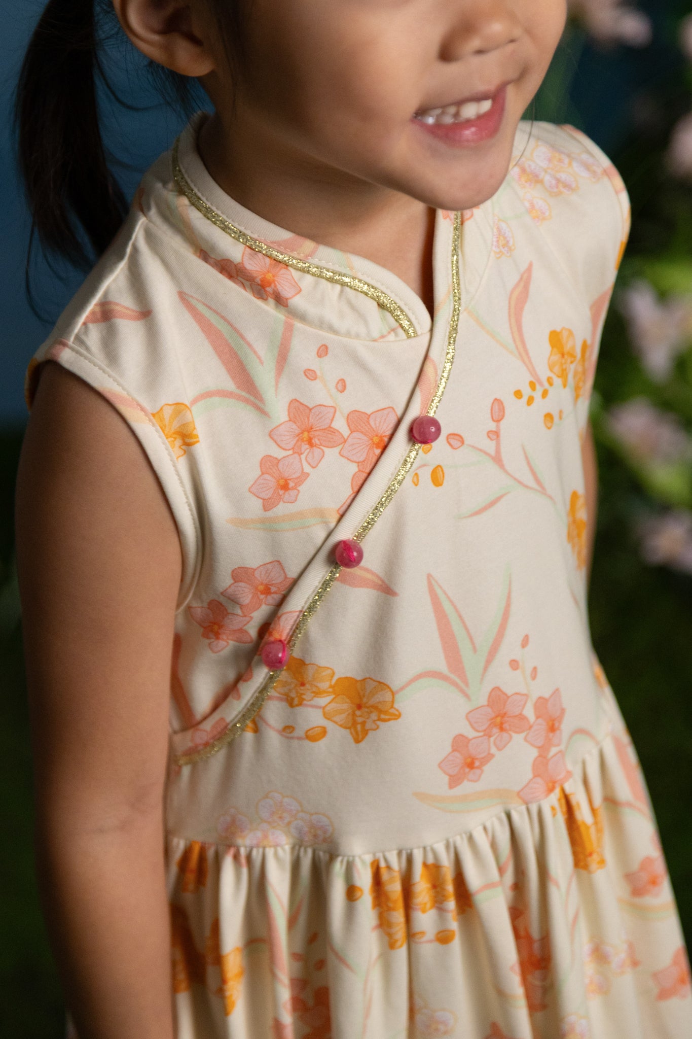 Jersey Luna Cheongsam - Cream Orchid Garden