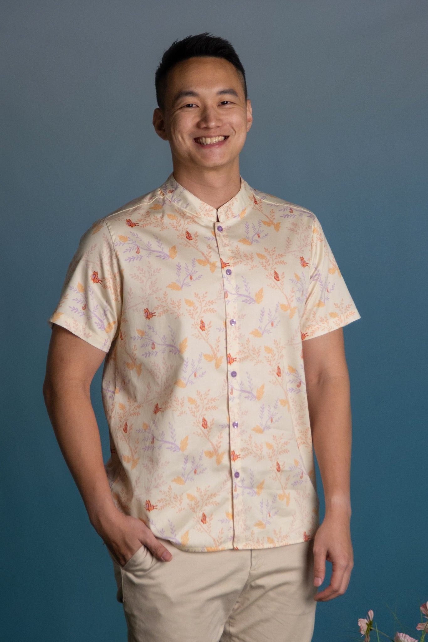 Men's Mandarin-collared Shirt - Coral Flutter Spring