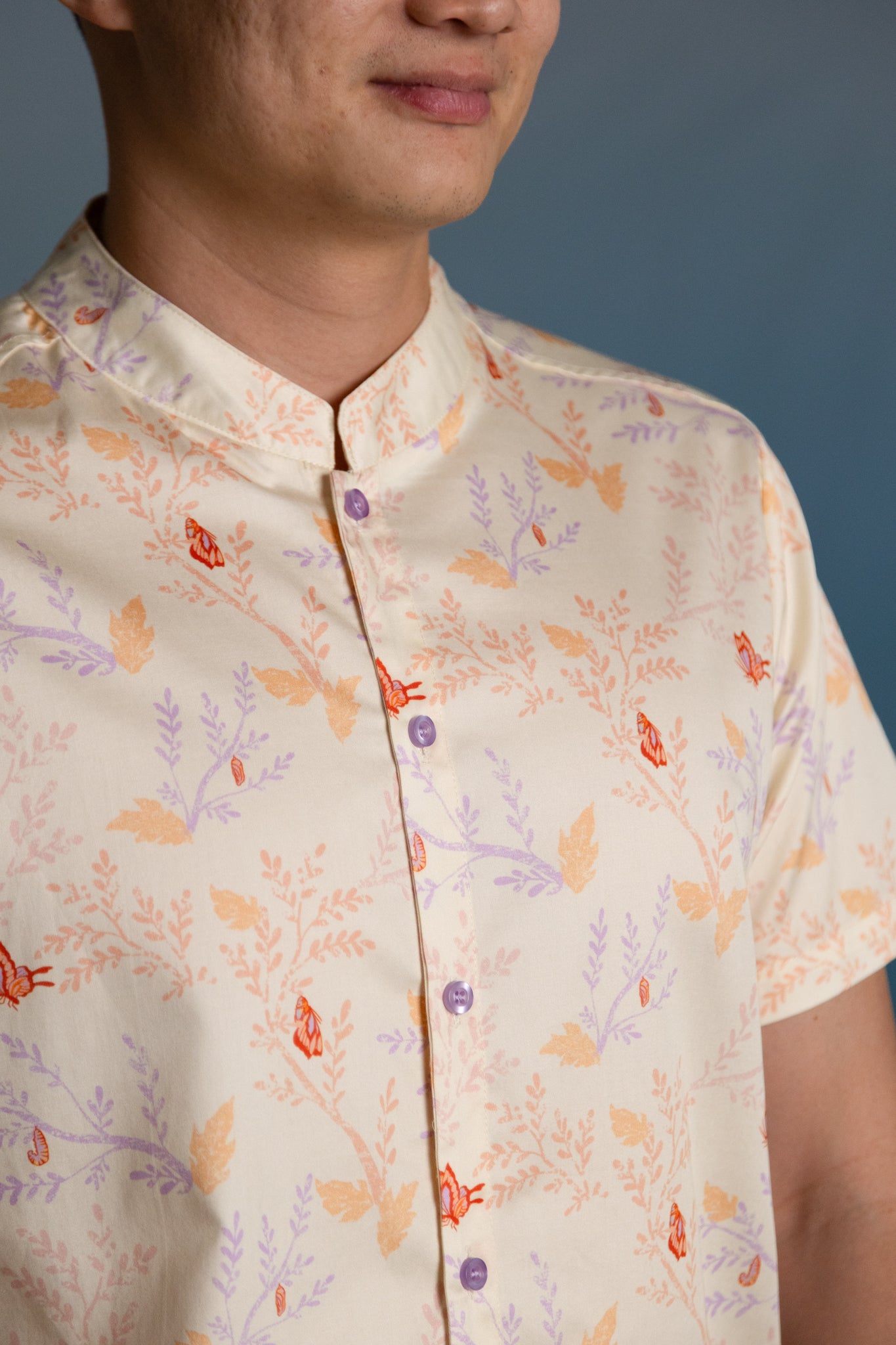 Men's Mandarin-collared Shirt - Coral Flutter Spring