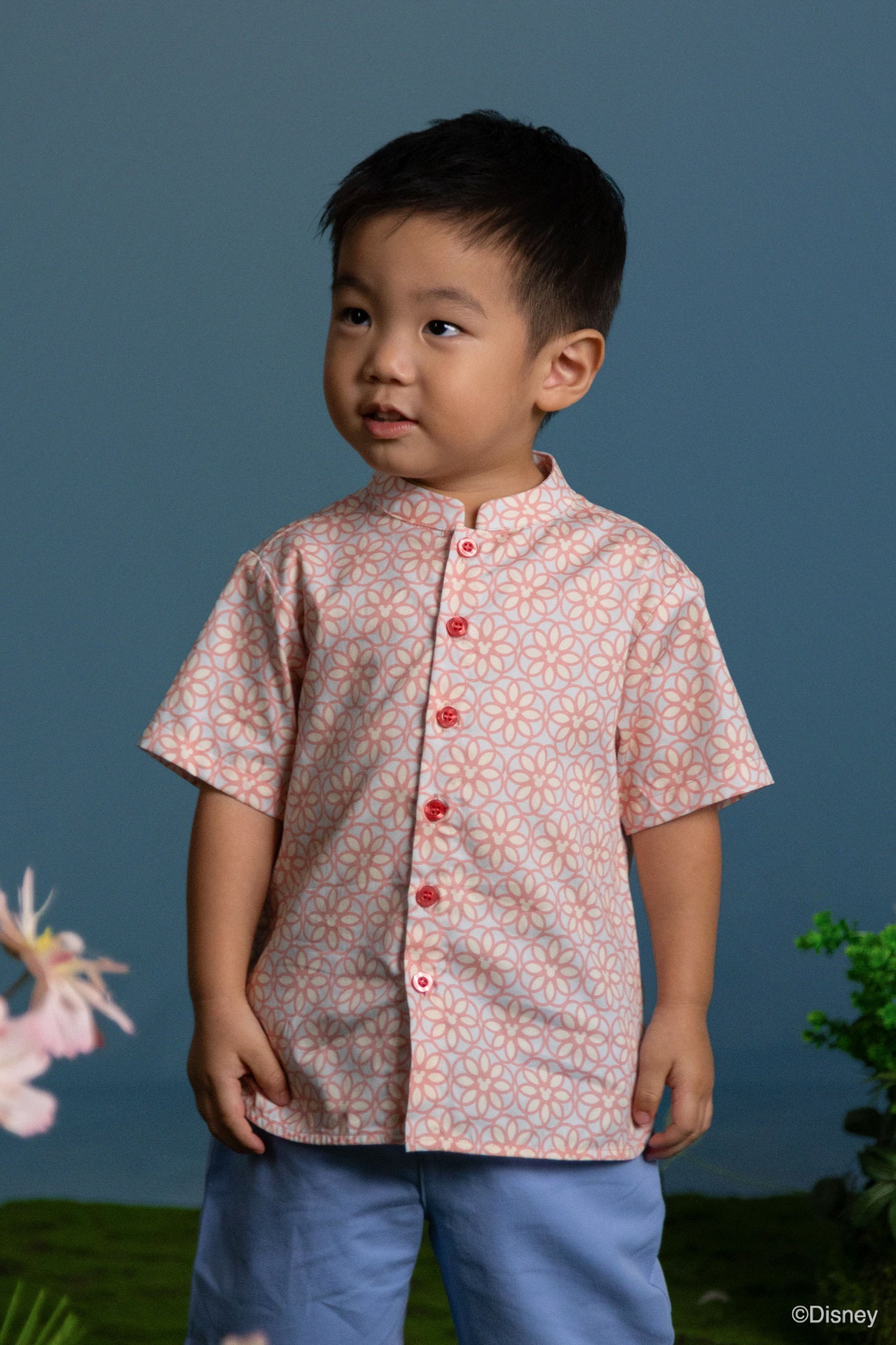 Mandarin-collared Shirt - Mickey Honeycomb Tiles