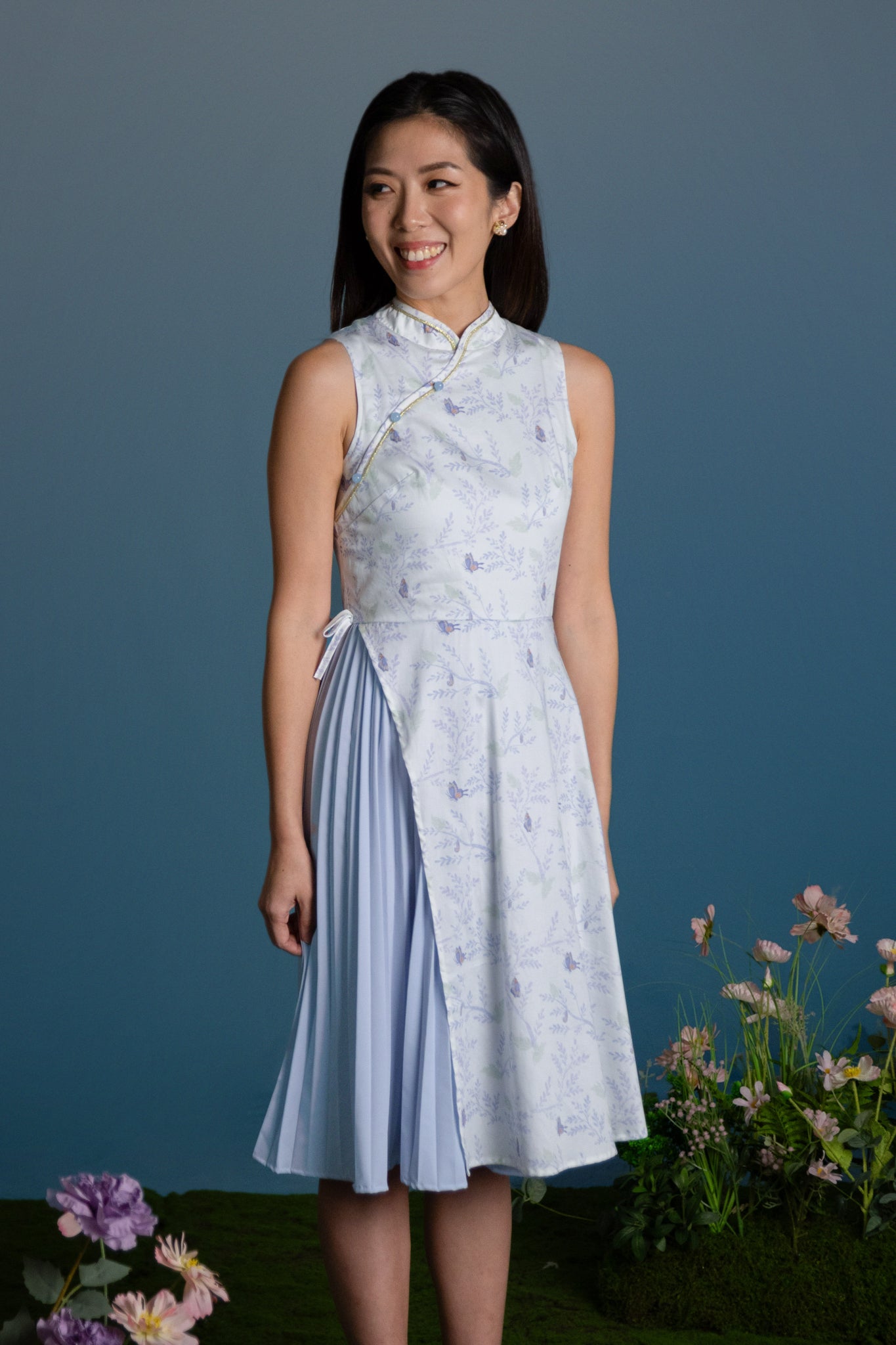 Ladies Wrap Cheongsam - Blue Flutter Spring