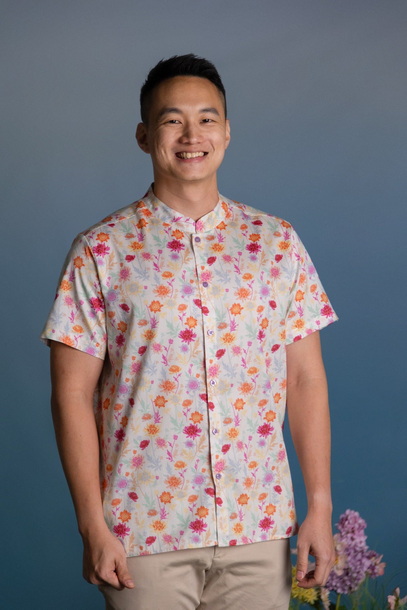 Men's Mandarin-collared Shirt - Colourful Chrysanthemums