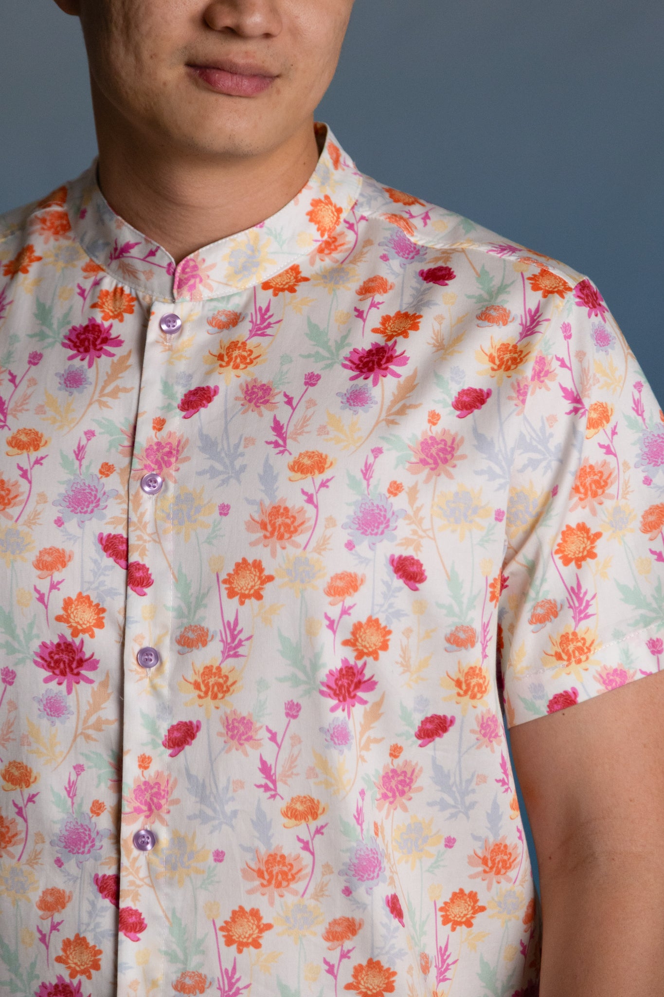 Men's Mandarin-collared Shirt - Colourful Chrysanthemums