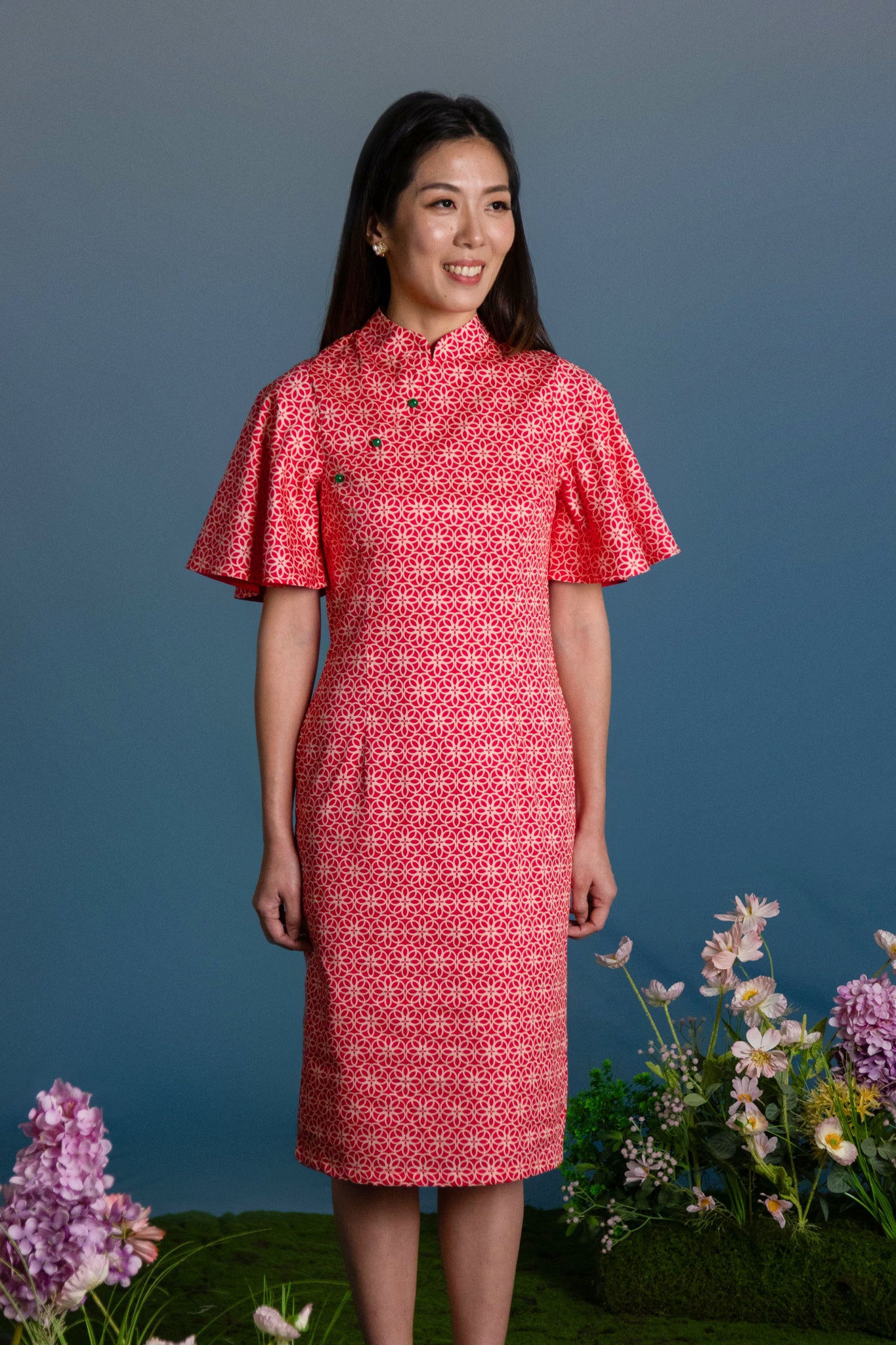 Ladies Renee Cheongsam - Red Honeycomb Tiles