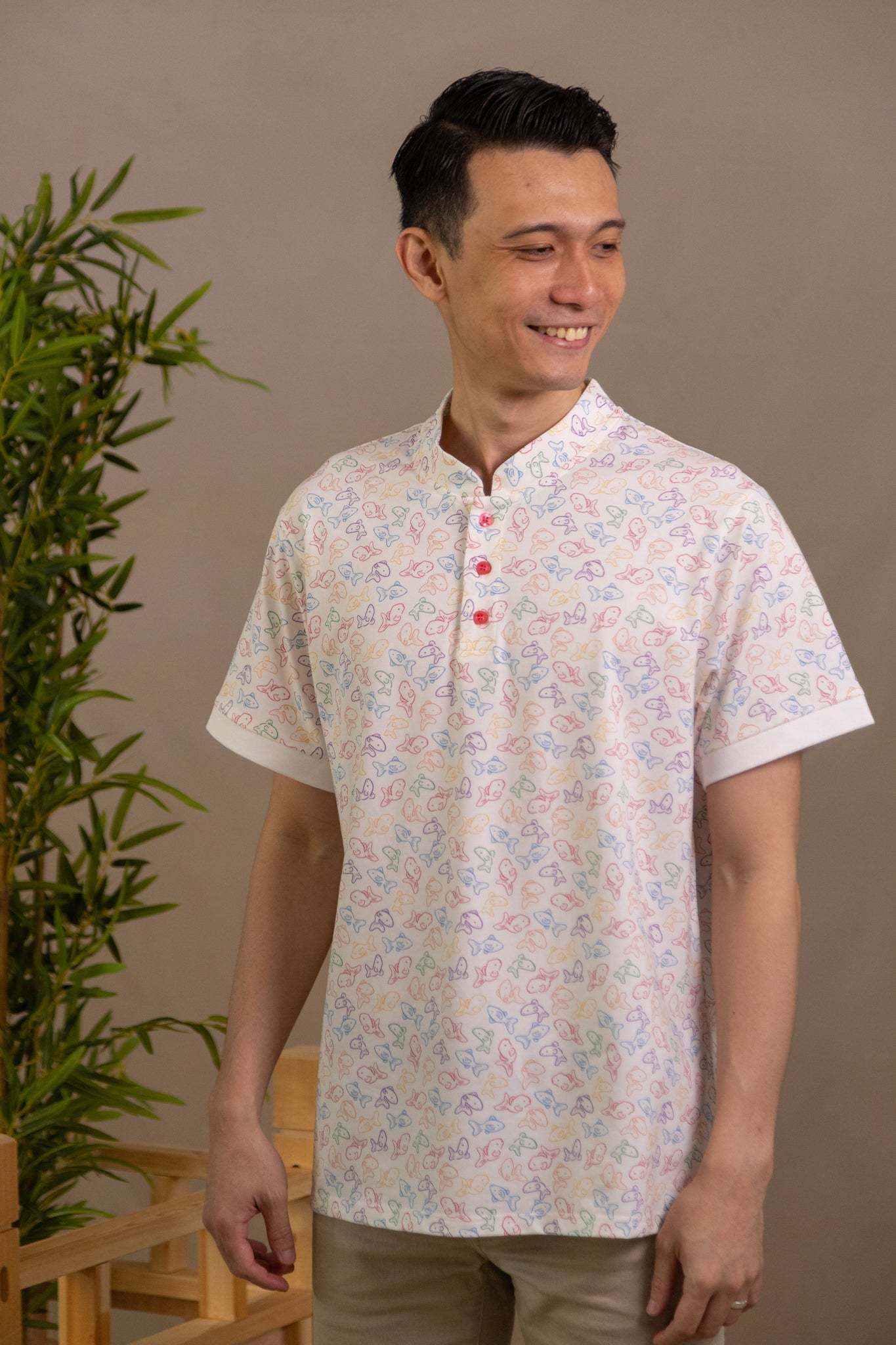 Men's Mandarin-collared Polo Tee - Rainbow Fish