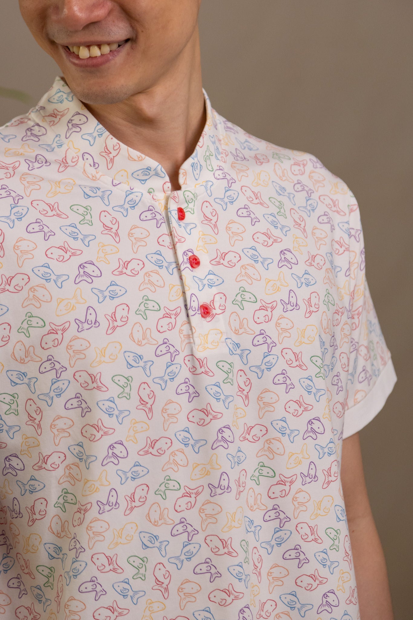 Men's Mandarin-collared Polo Tee - Rainbow Fish