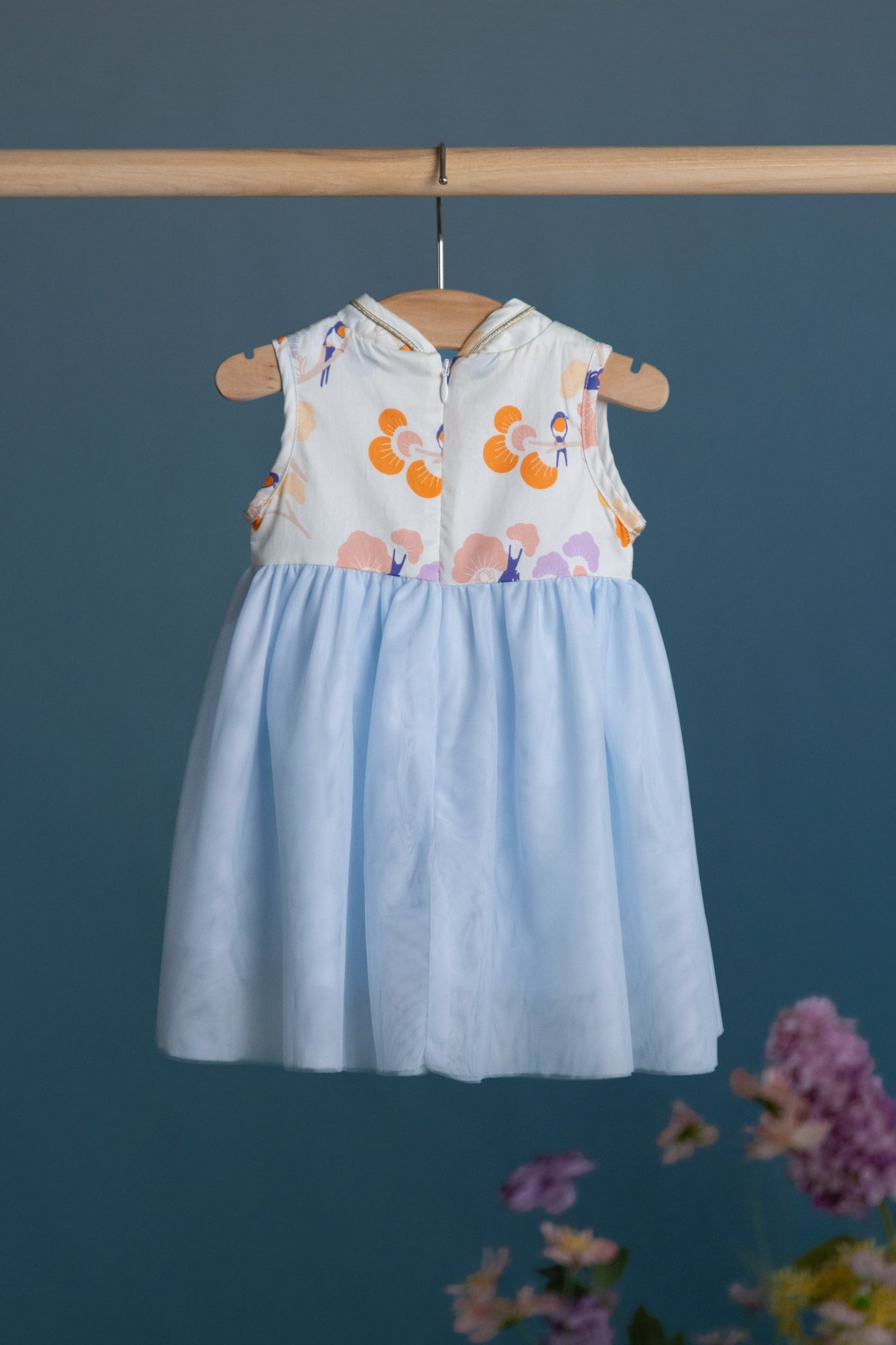 Flare Tulle Cheongsam - Pastel Tree Songbirds