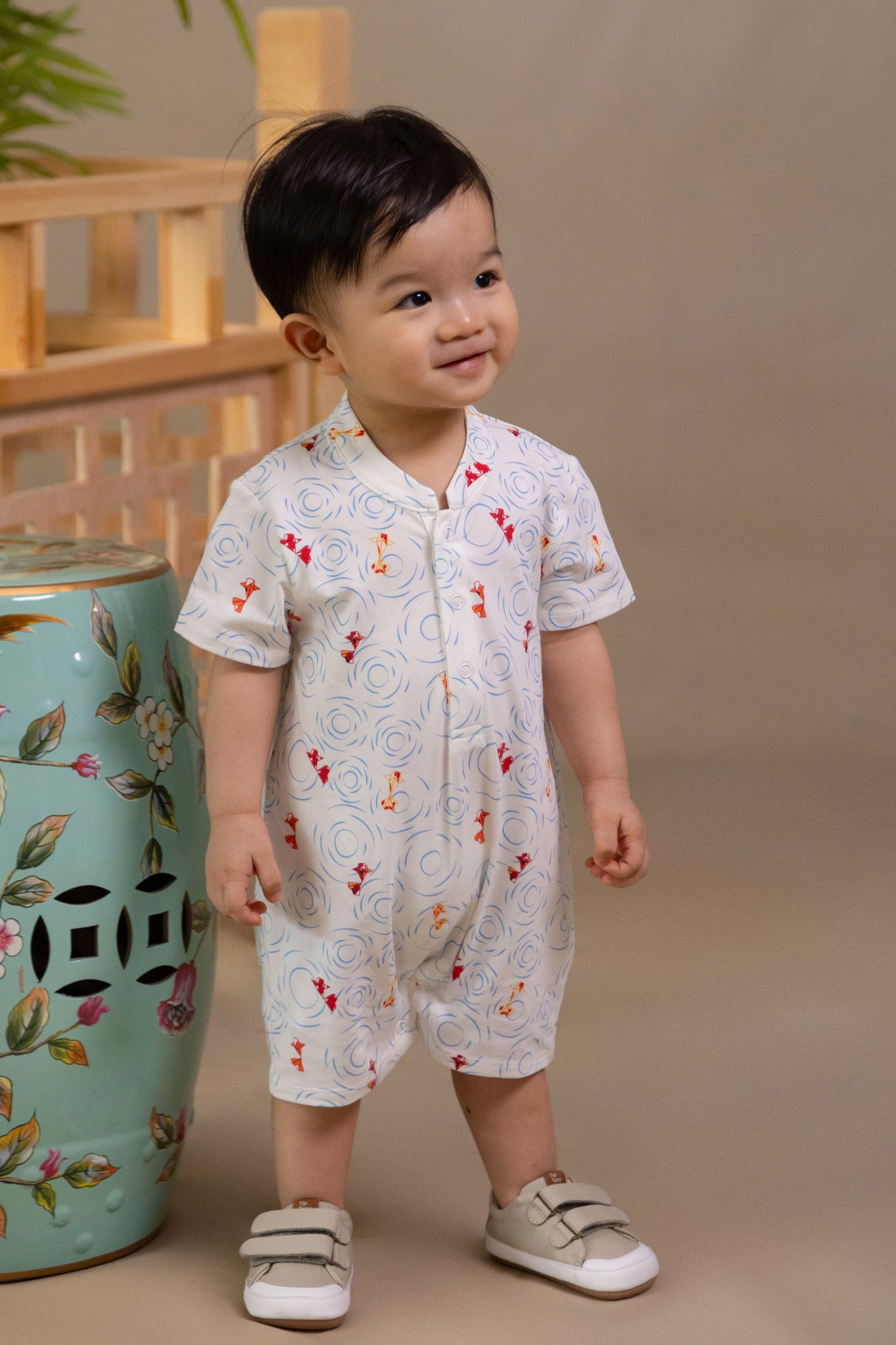 Mandarin-collared Polo Romper - Origami Goldfish