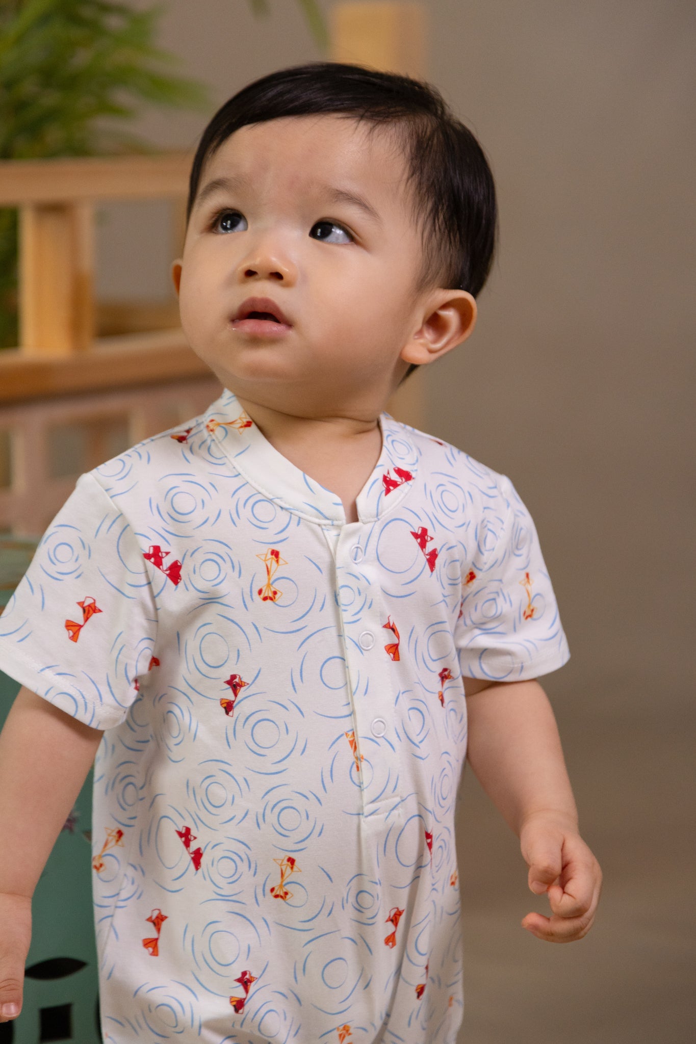 Mandarin-collared Polo Romper - Origami Goldfish