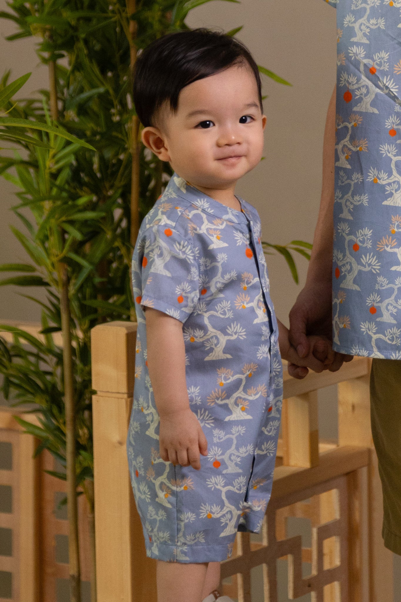 Mandarin-collared Romper - Blue Lucky Bonsai