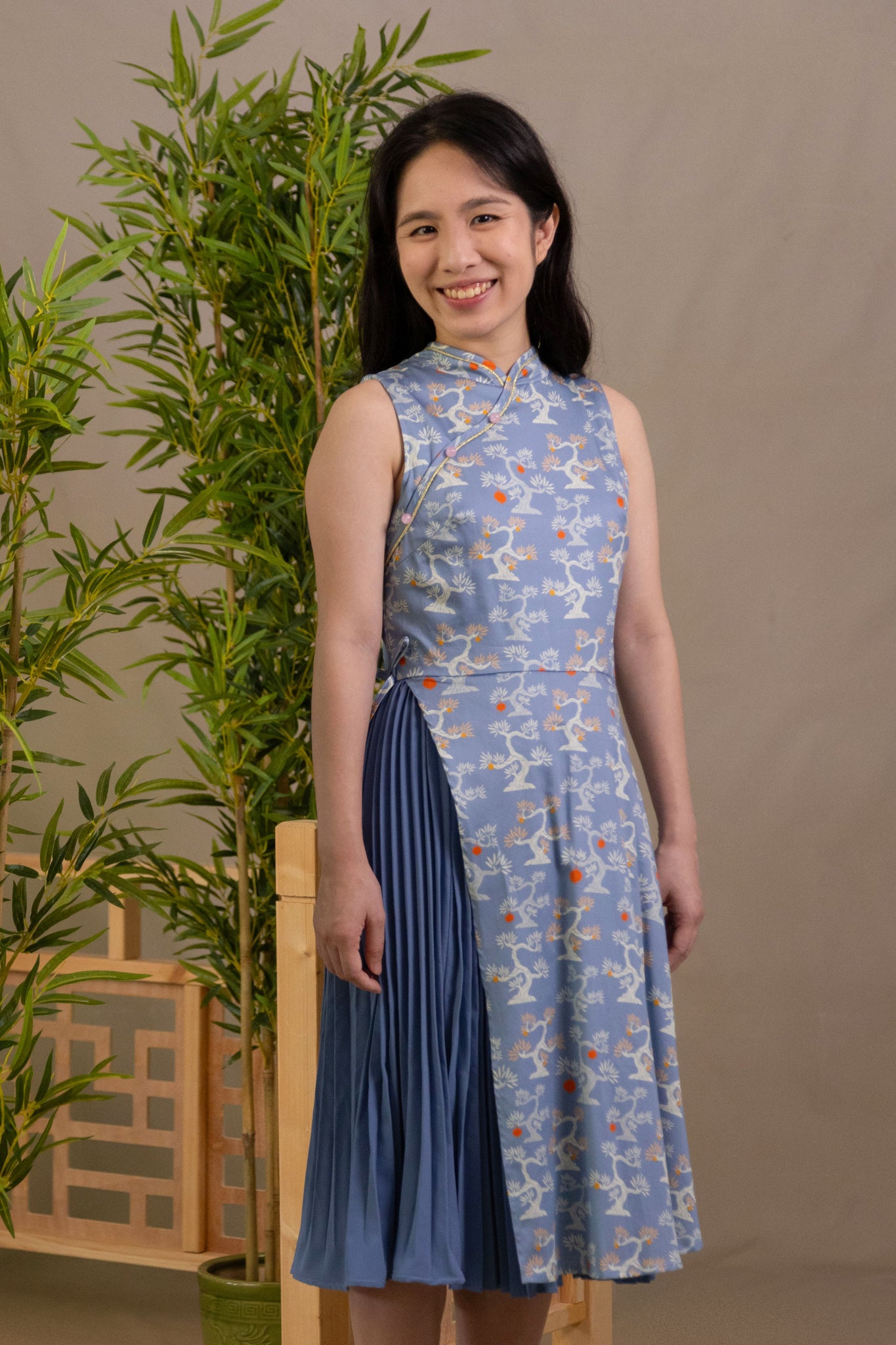 Ladies Wrap Cheongsam - Blue Lucky Bonsai