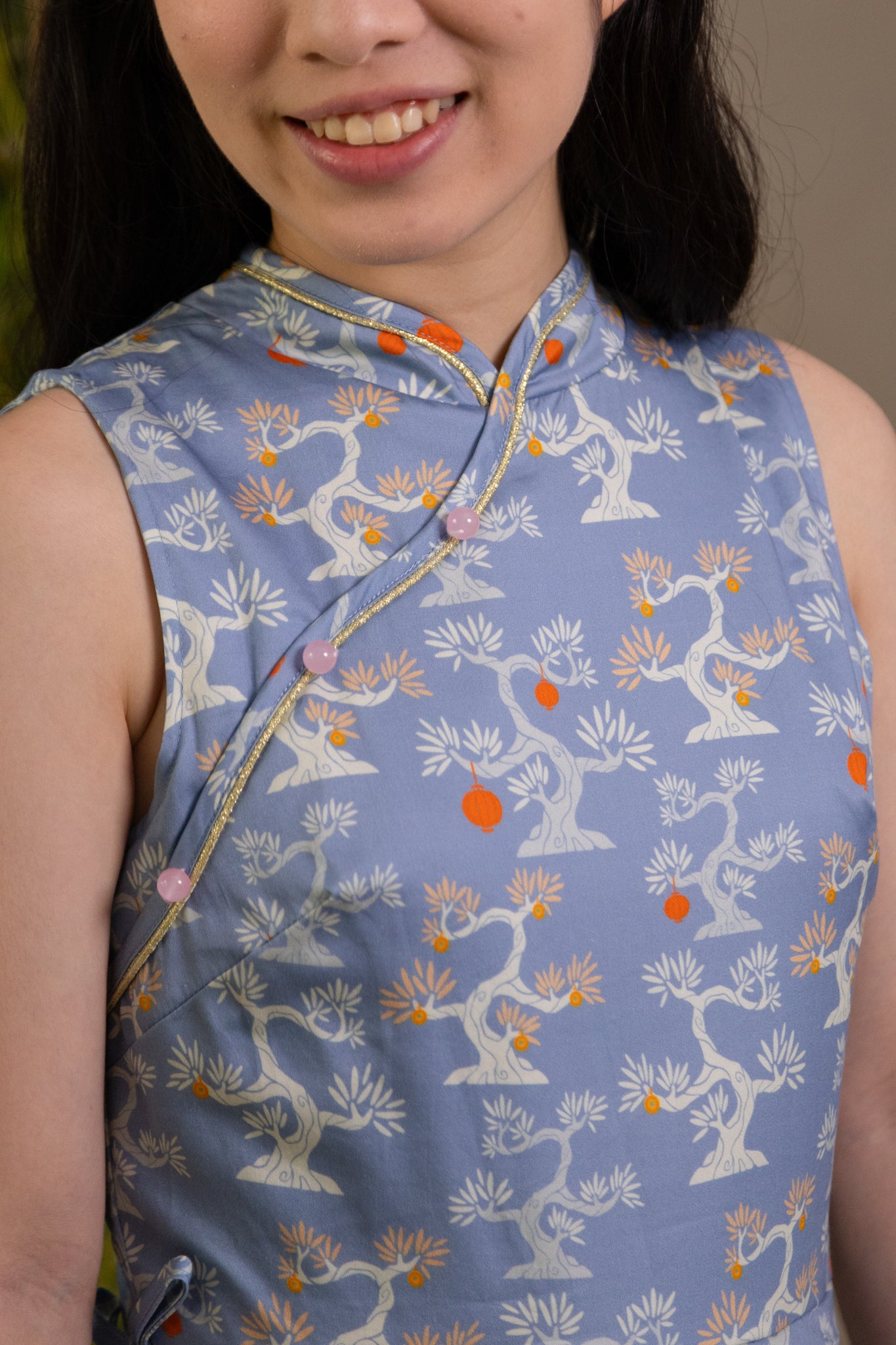 Ladies Wrap Cheongsam - Blue Lucky Bonsai