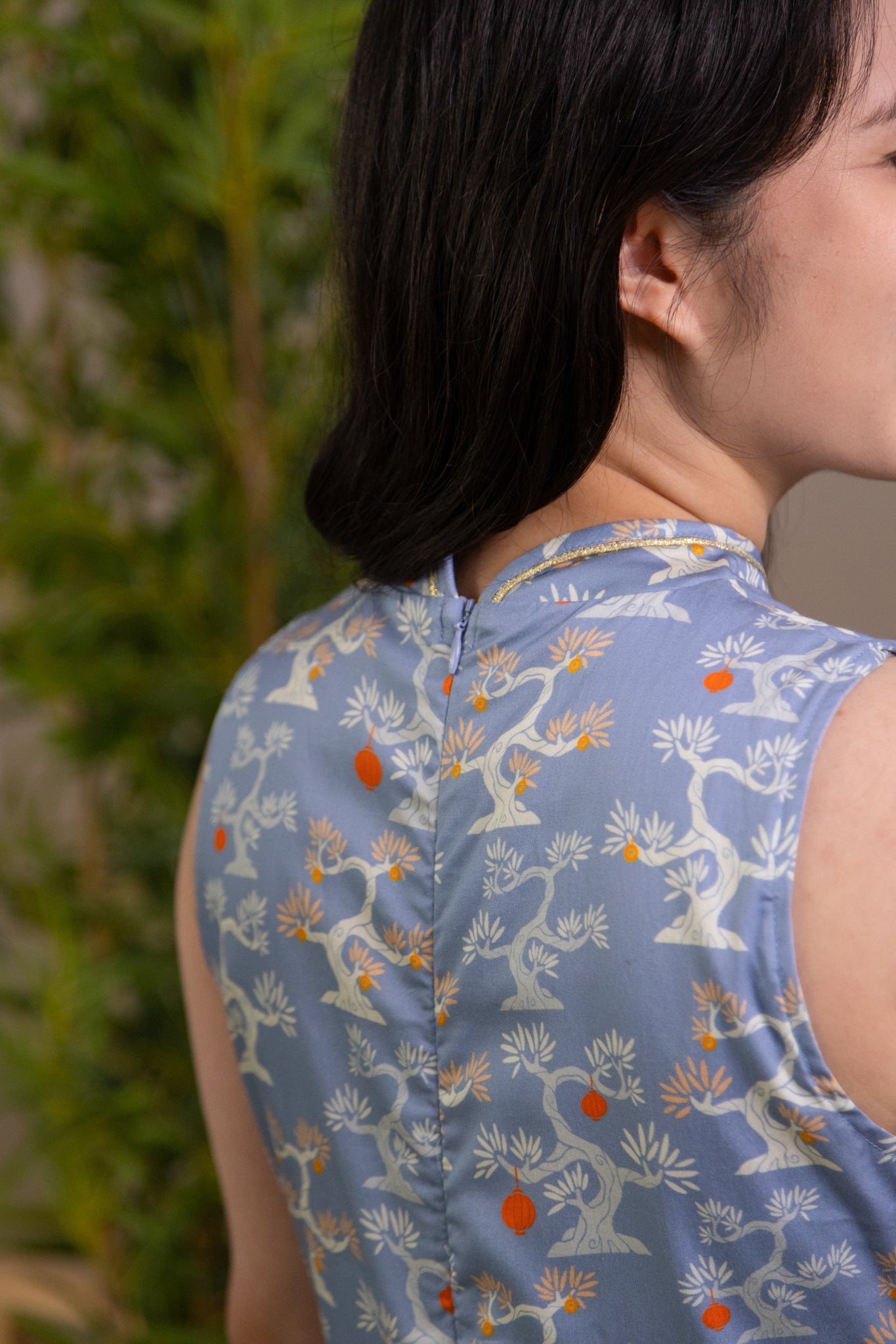 Ladies Wrap Cheongsam - Blue Lucky Bonsai