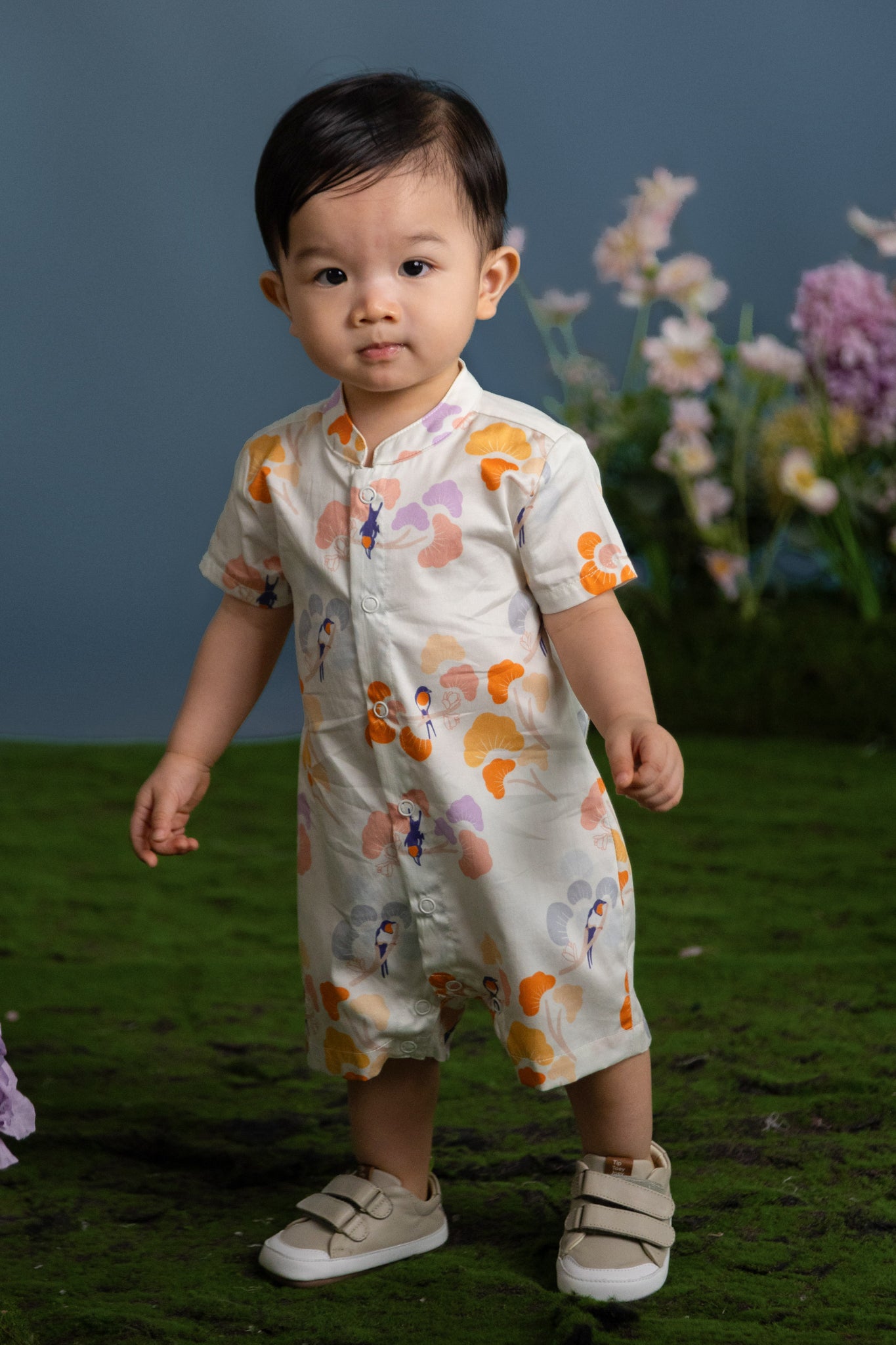 Mandarin-collared Romper - Pastel Tree Songbirds