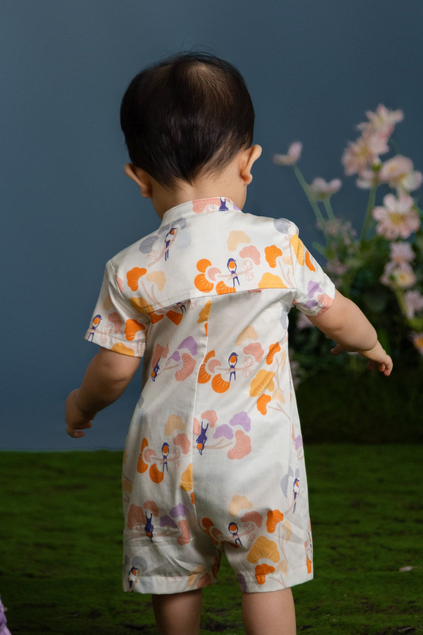 Mandarin-collared Romper - Pastel Tree Songbirds