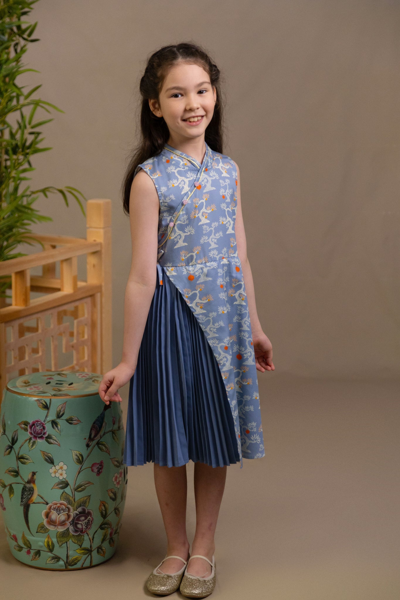 Wrap Cheongsam - Blue Lucky Bonsai