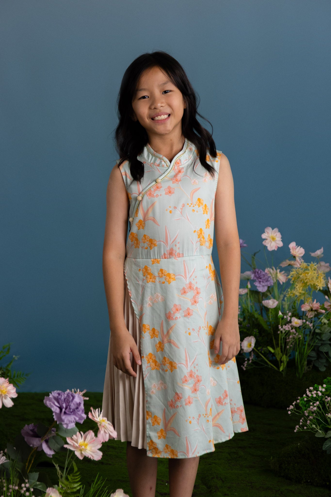 Wrap Cheongsam - Teal Orchid Garden