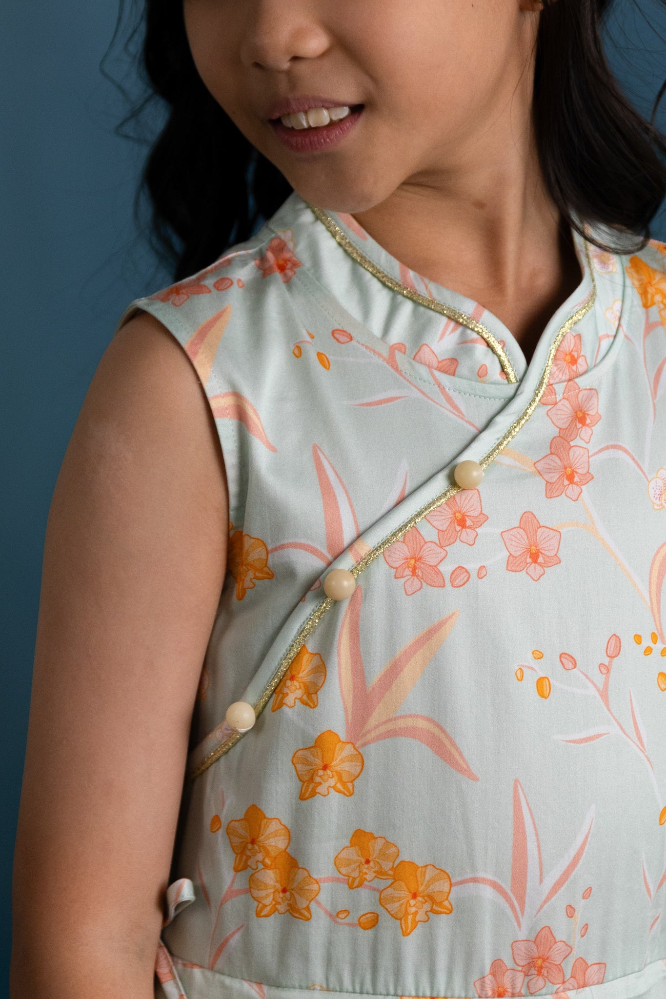 Wrap Cheongsam - Teal Orchid Garden