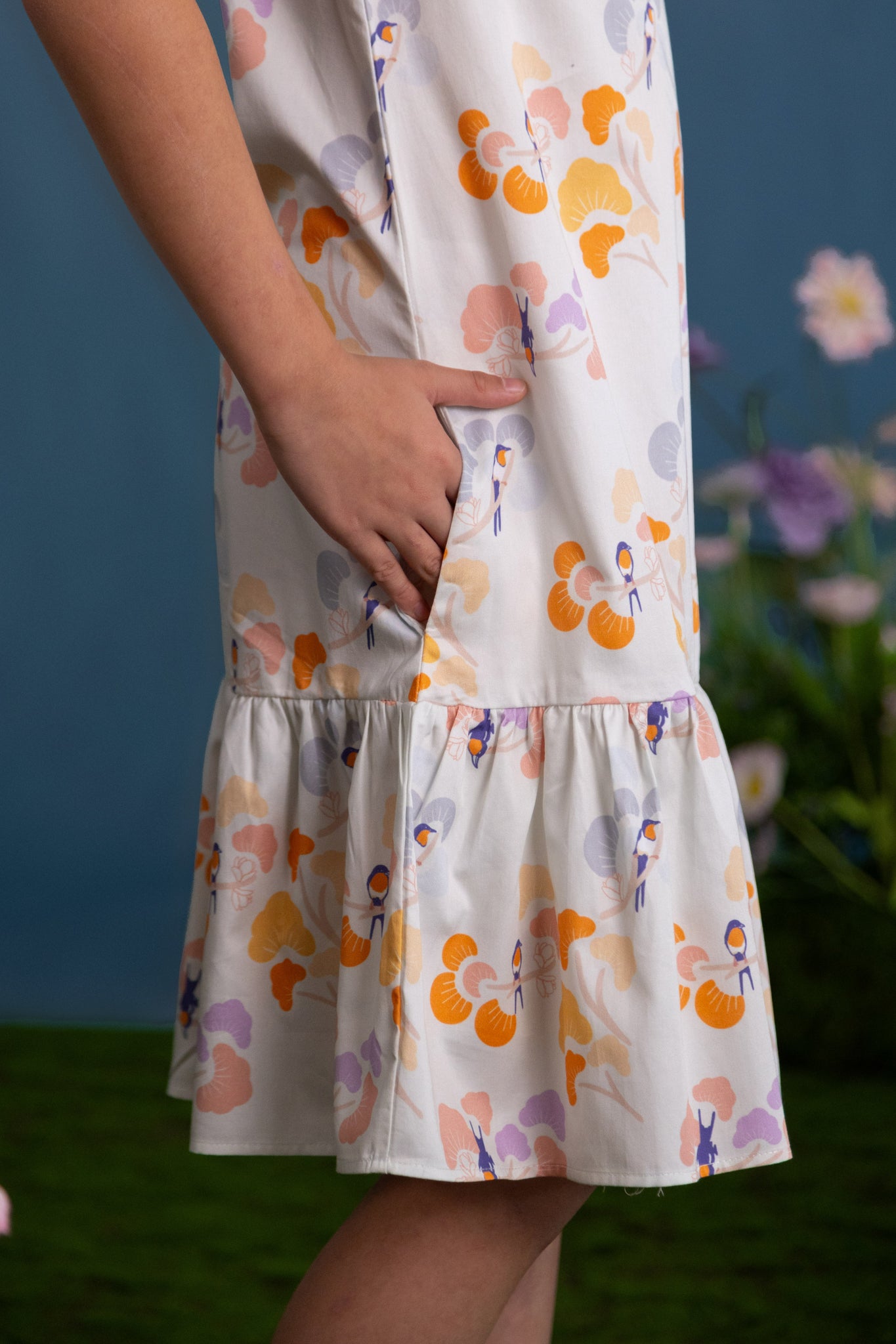 Drop Waist Cheongsam - Pastel Tree Songbirds