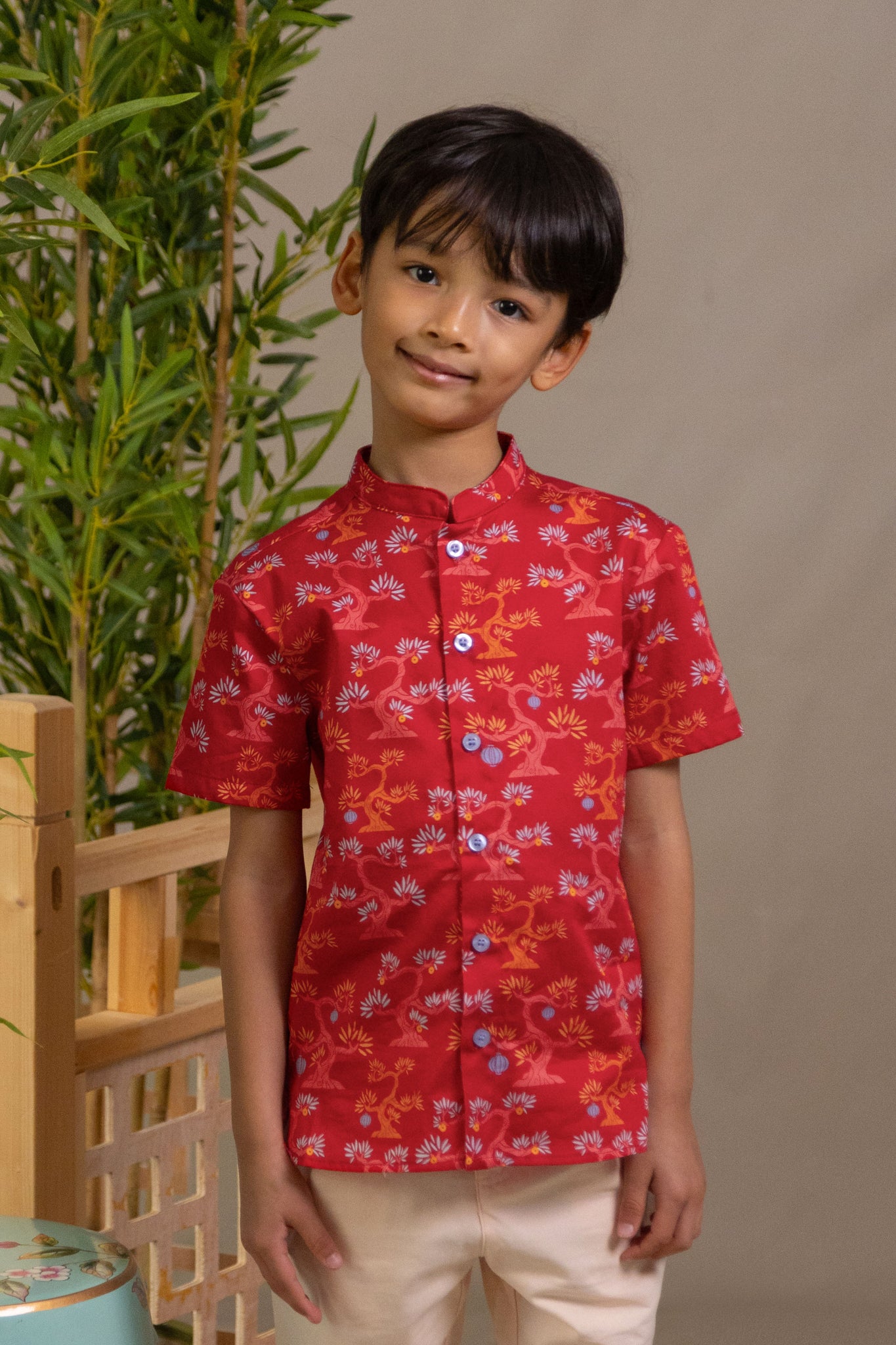 Mandarin-collared Shirt - Red Lucky Bonsai