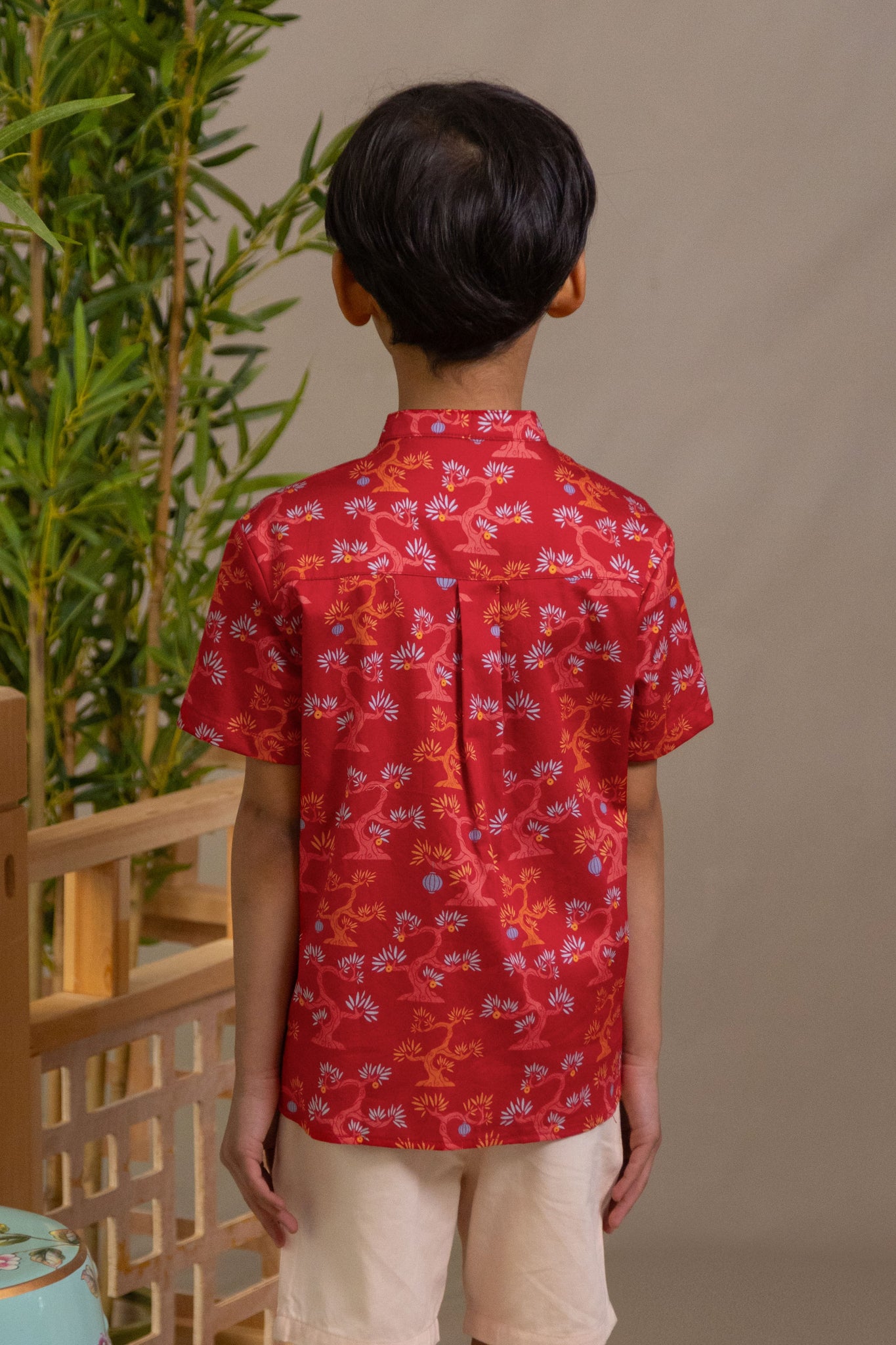 Mandarin-collared Shirt - Red Lucky Bonsai