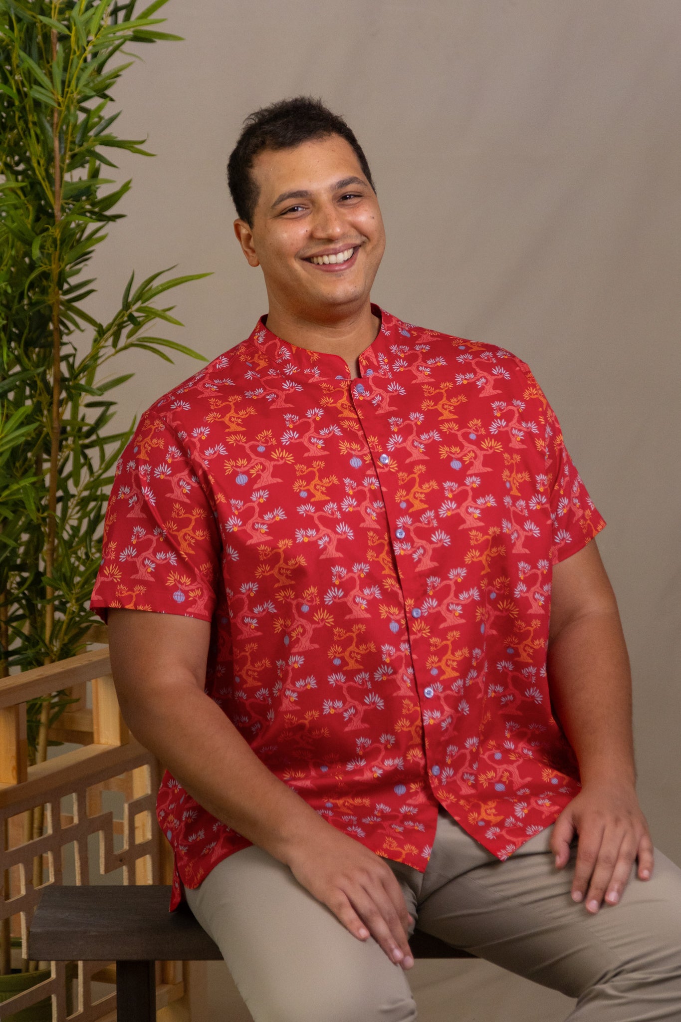 Men's Mandarin-collared Shirt - Red Lucky Bonsai