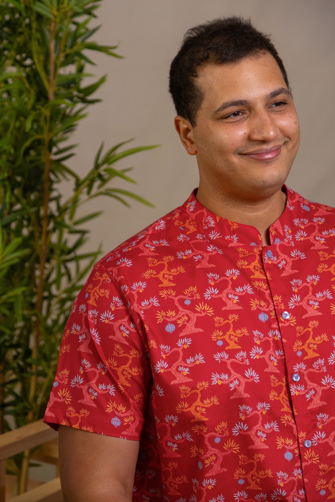 Men's Mandarin-collared Shirt - Red Lucky Bonsai