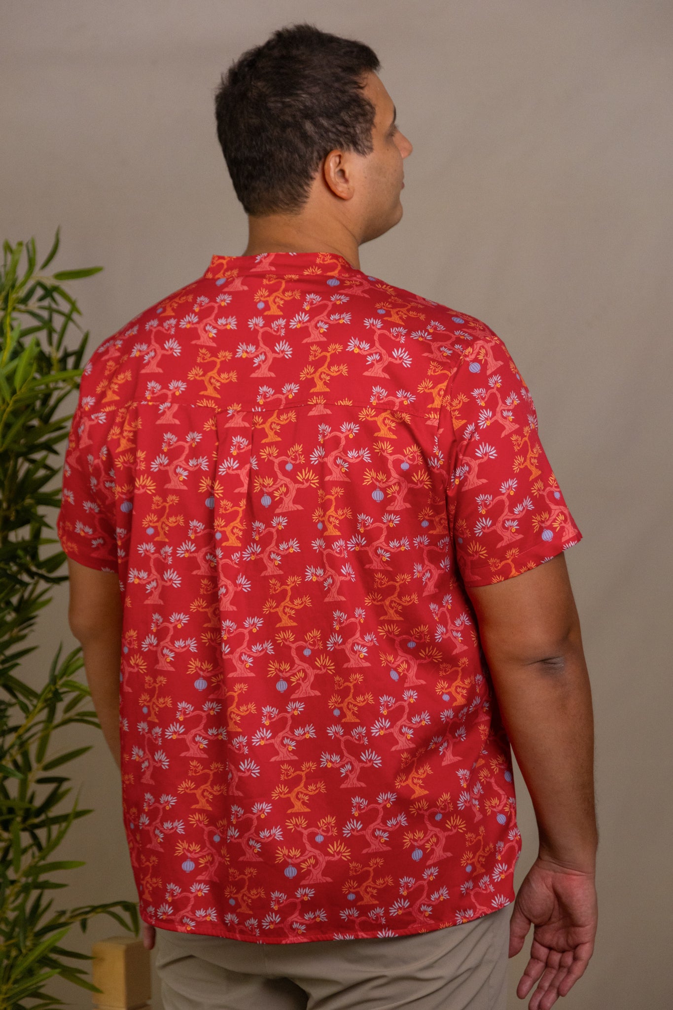 Men's Mandarin-collared Shirt - Red Lucky Bonsai