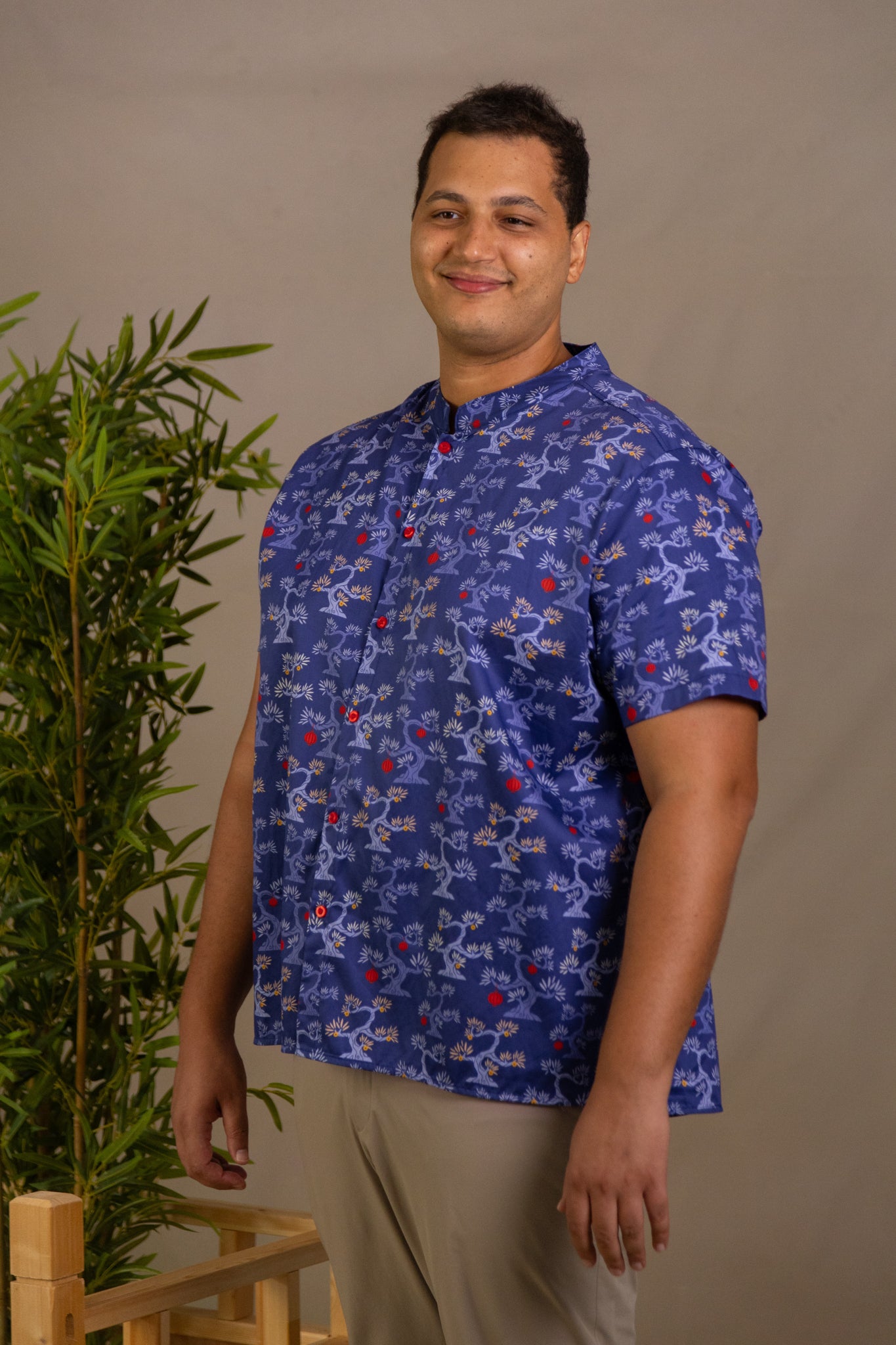 Men's Mandarin-collared Shirt - Navy Lucky Bonsai