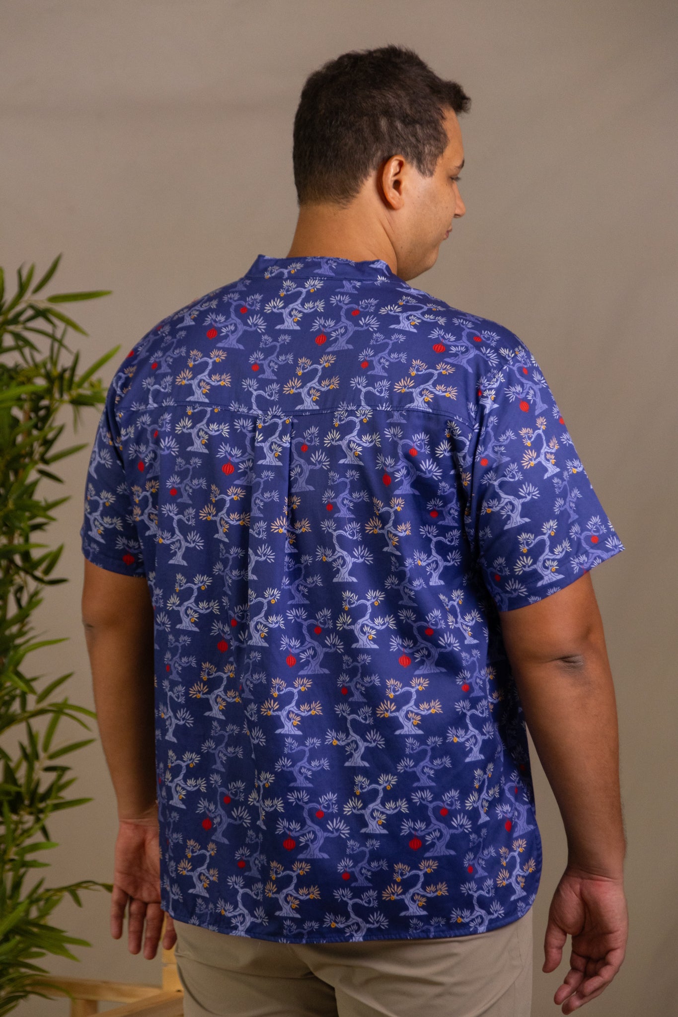 Men's Mandarin-collared Shirt - Navy Lucky Bonsai