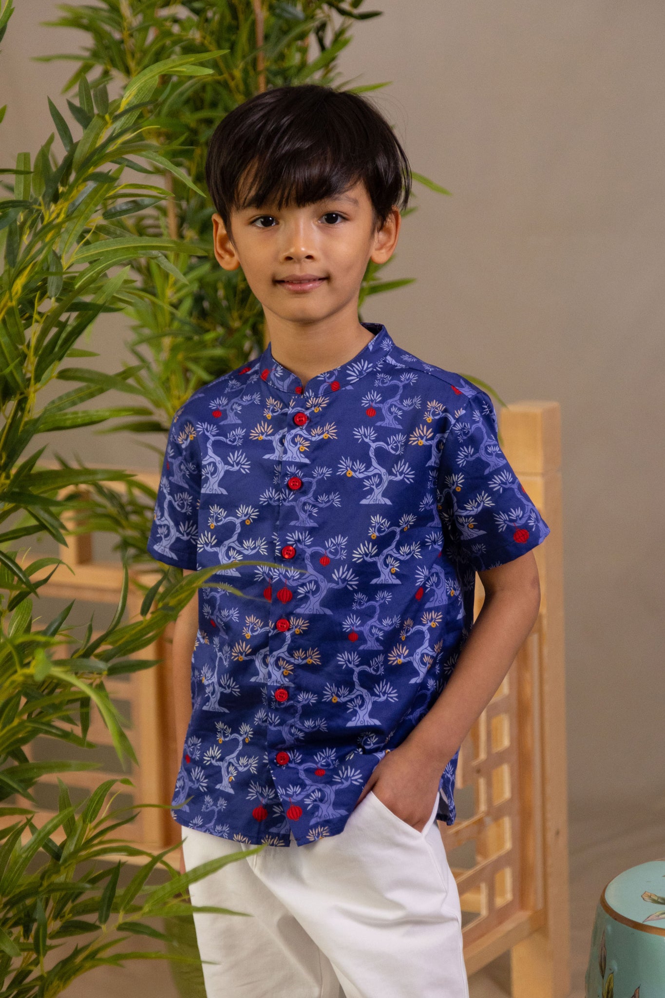 Mandarin-collared Shirt - Navy Lucky Bonsai