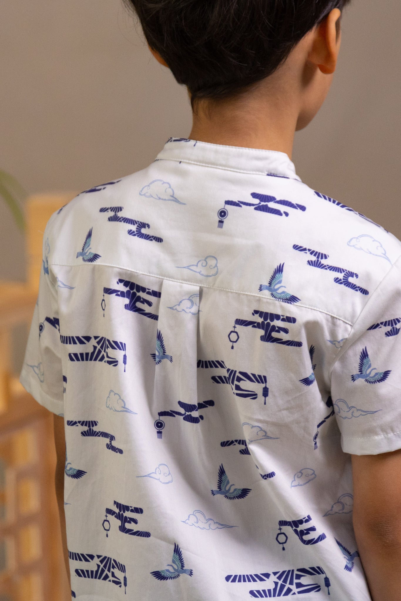 Mandarin-collared Shirt - Porcelain Clouds