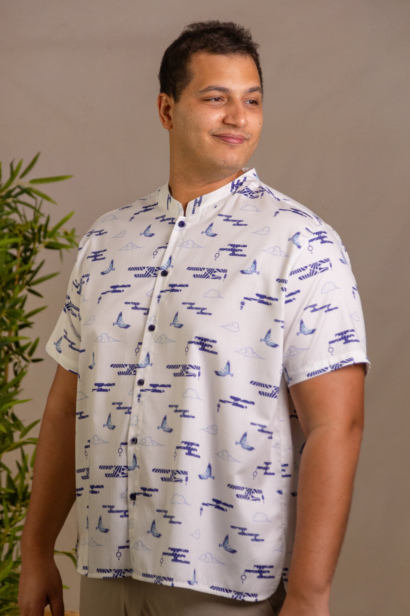 Men's Mandarin-collared Shirt - Porcelain Clouds