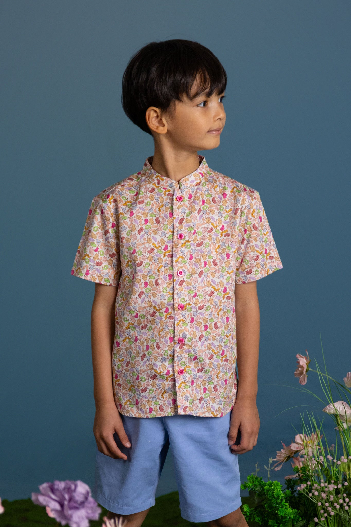 Mandarin-collared Shirt - Zodiac Leaves