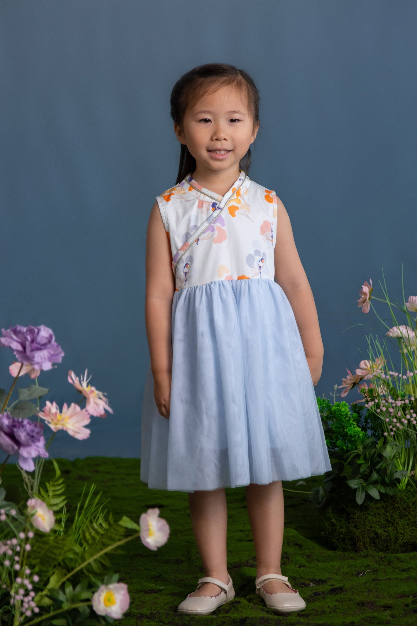 Thea Tulle Cheongsam - Pastel Tree Songbirds