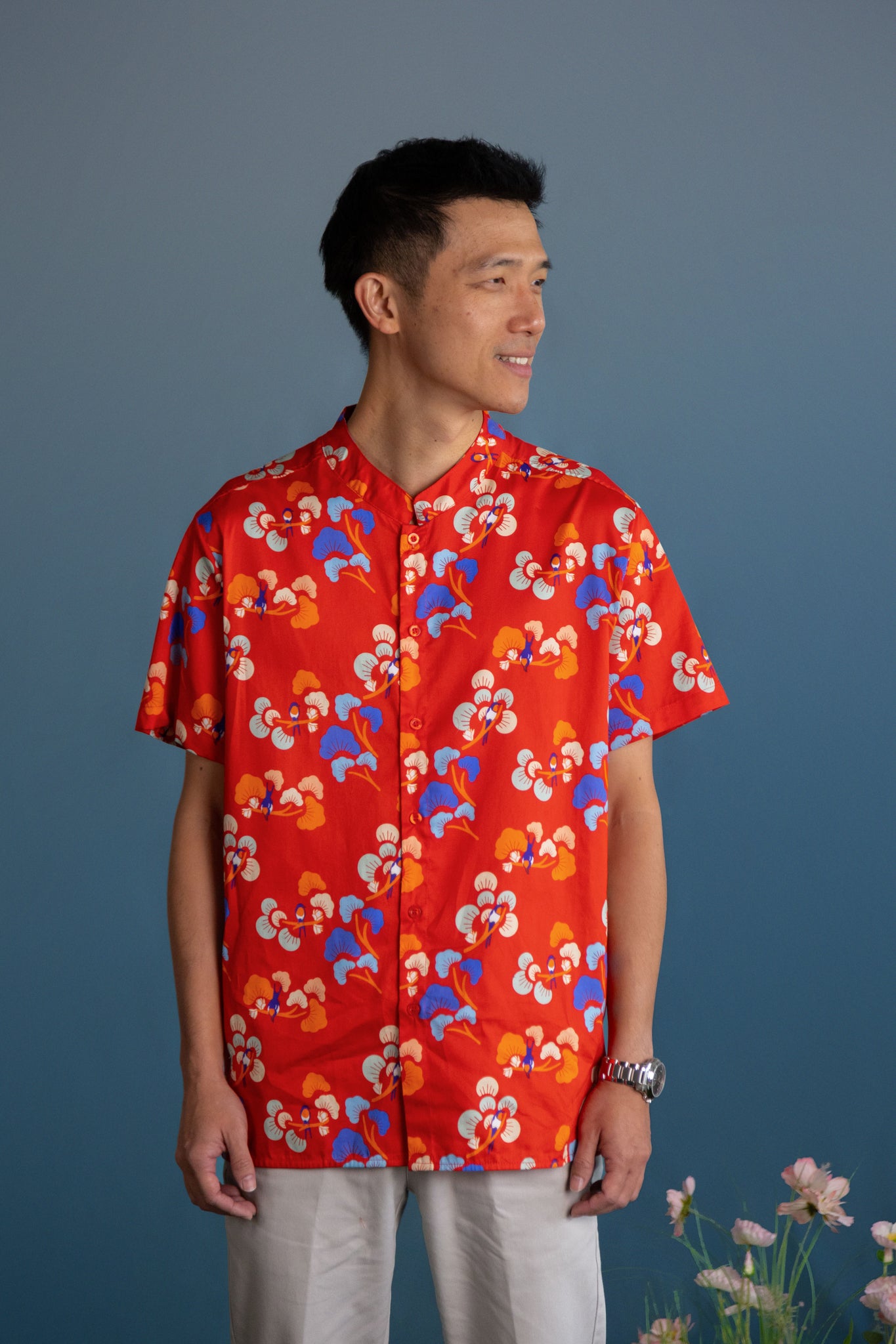 Men's Mandarin-collared Shirt - Red Tree Songbirds