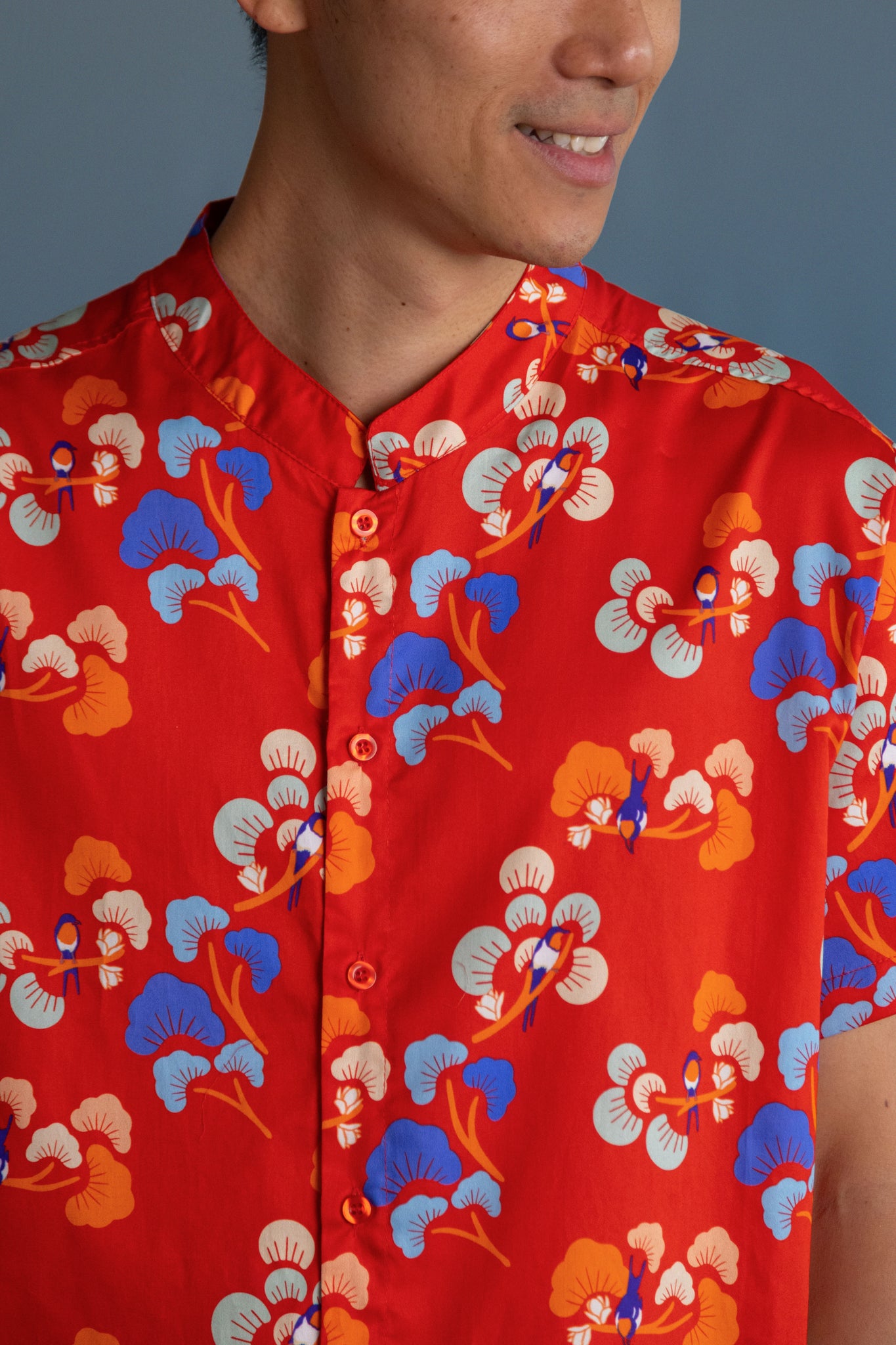 Men's Mandarin-collared Shirt - Red Tree Songbirds