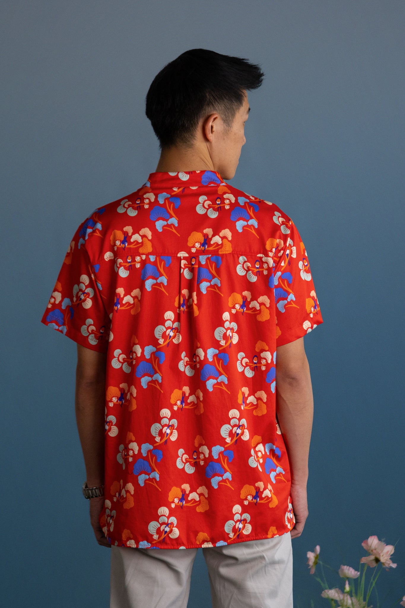 Men's Mandarin-collared Shirt - Red Tree Songbirds