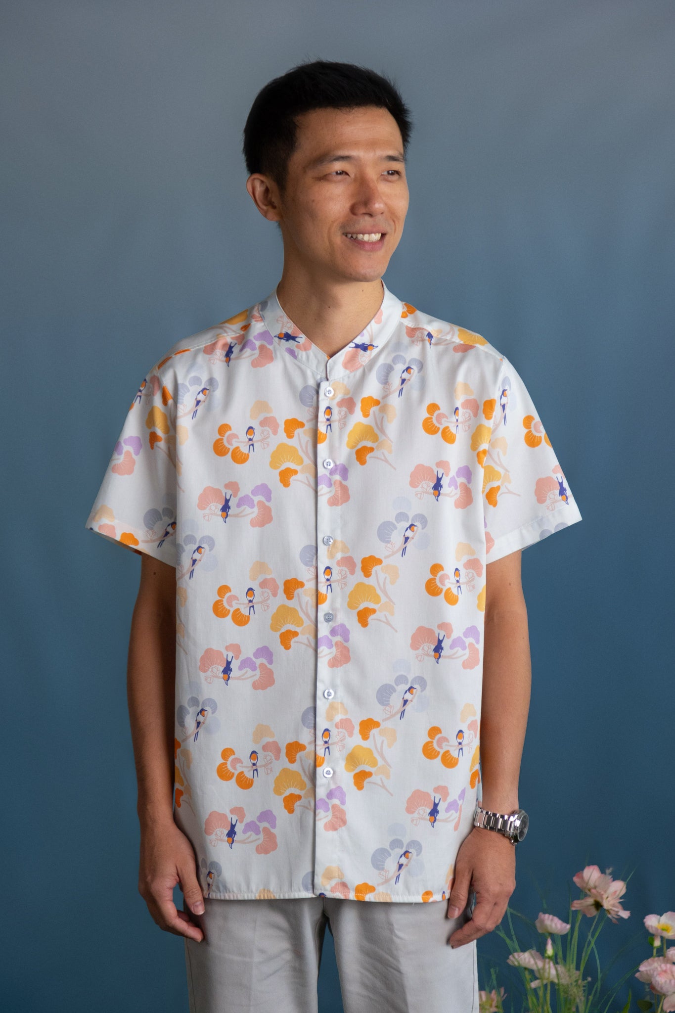 Men's Mandarin-collared Shirt - Pastel Tree Songbirds