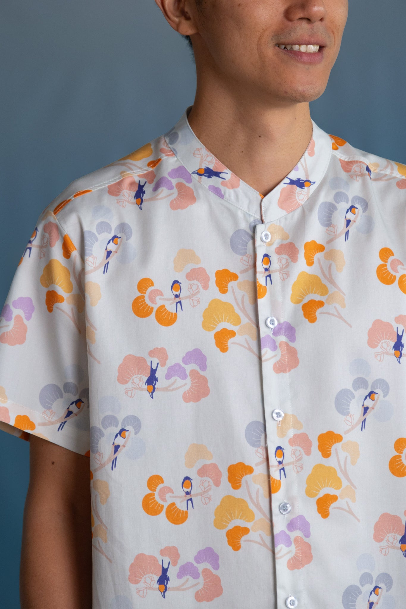 Men's Mandarin-collared Shirt - Pastel Tree Songbirds