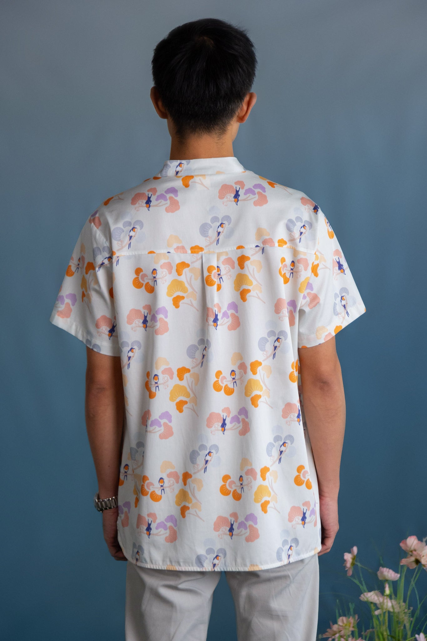 Men's Mandarin-collared Shirt - Pastel Tree Songbirds