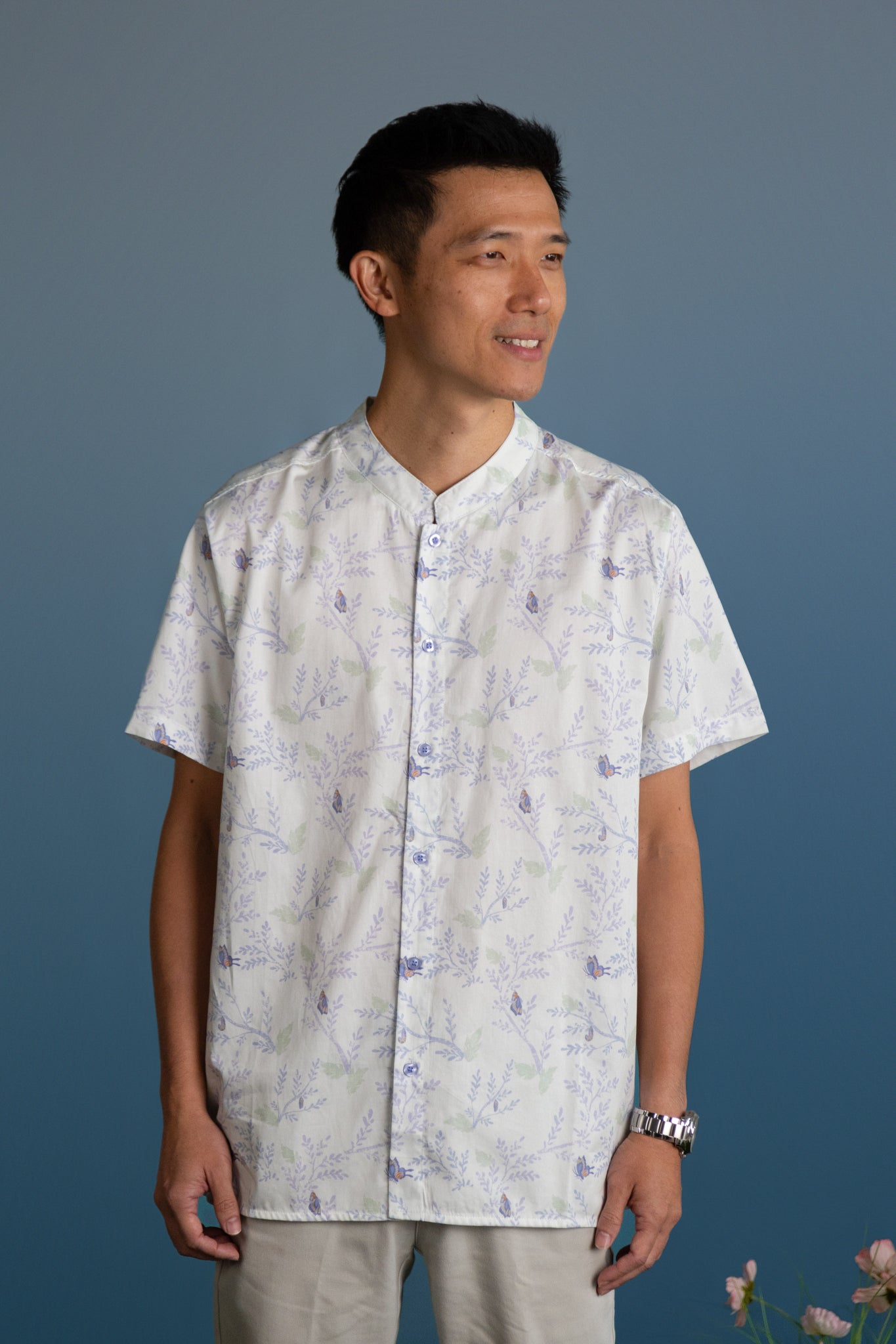 Men's Mandarin-collared Shirt - Blue Flutter Spring