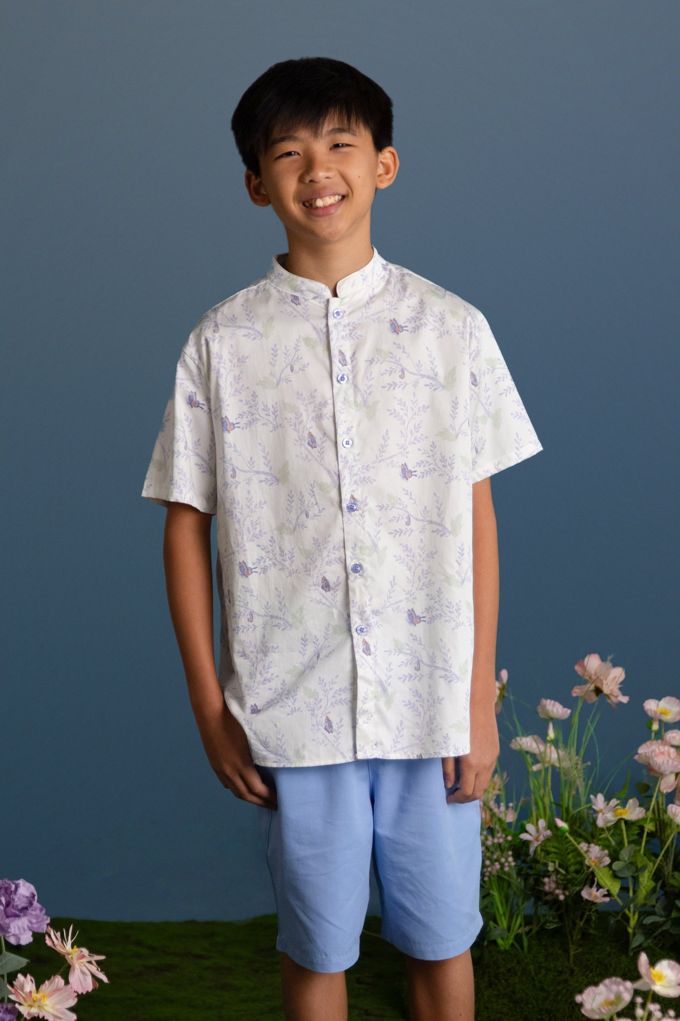 Mandarin-collared Shirt - Blue Flutter Spring