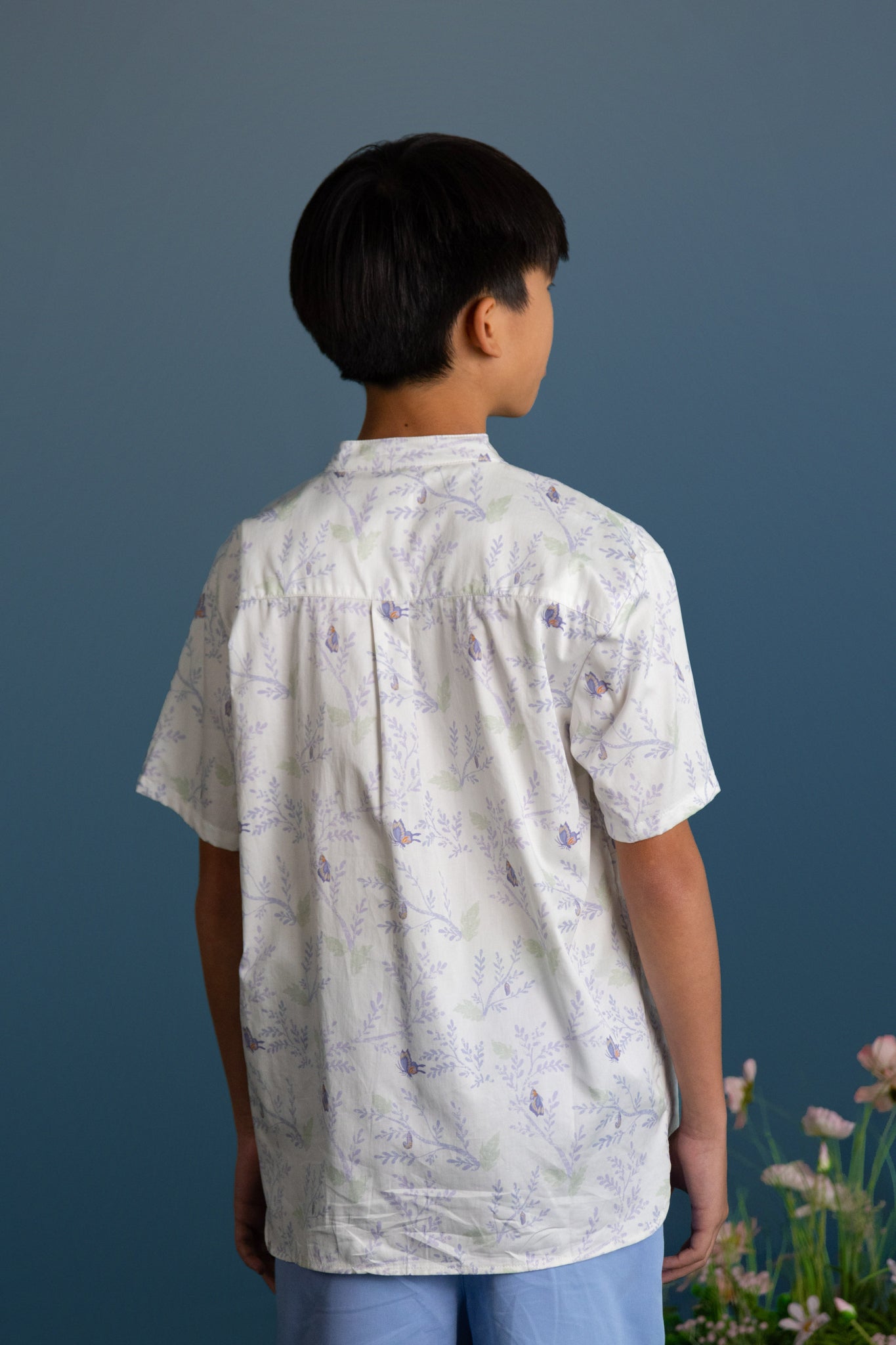 Mandarin-collared Shirt - Blue Flutter Spring