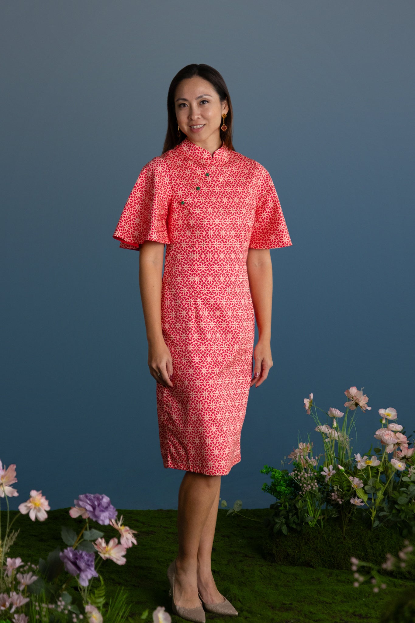 Ladies Renee Cheongsam - Red Honeycomb Tiles